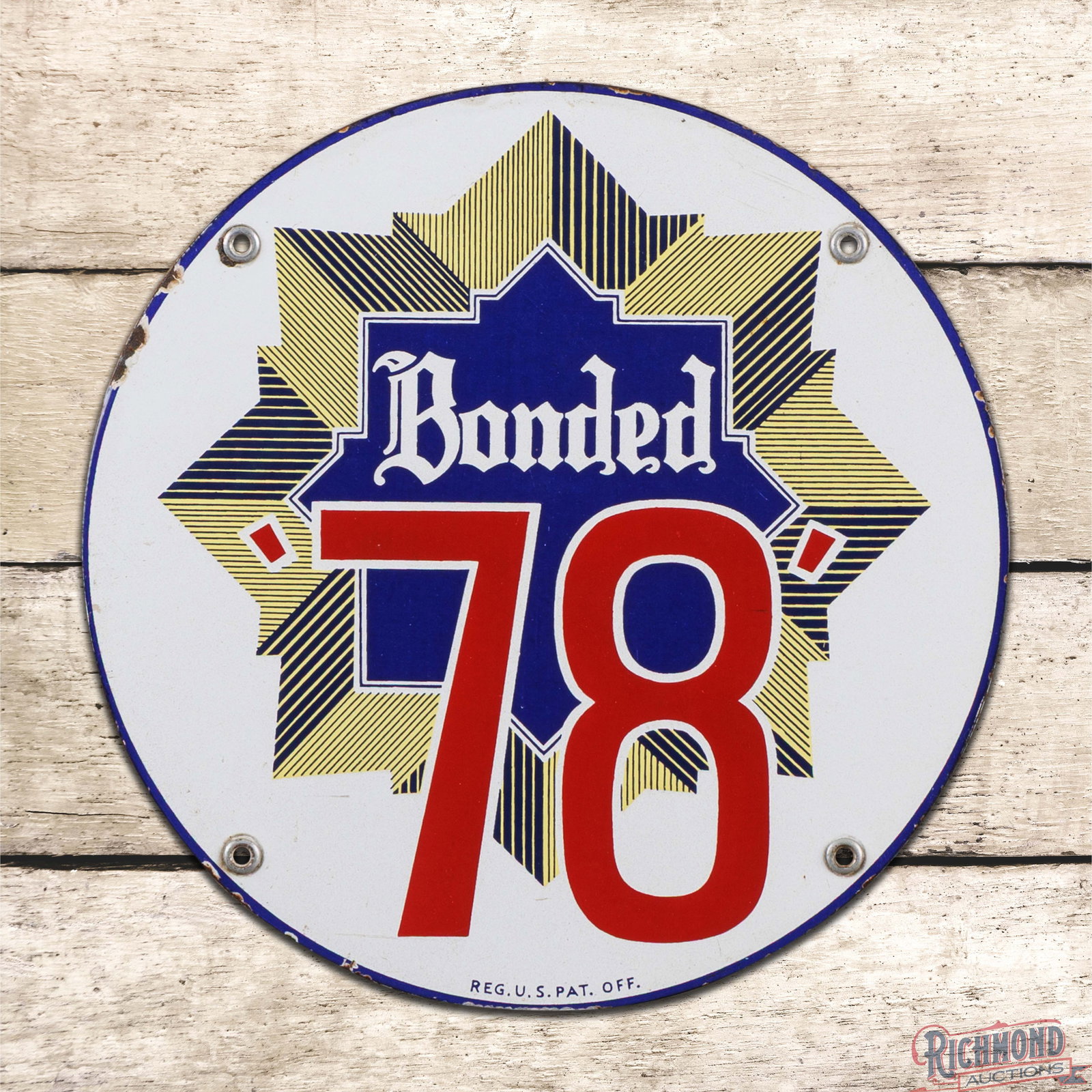 Scarce Gaseteria Bonded 78 Gasoline Single Sided Porcelain Pump Plate Sign w/ Logo: SSP (single sided porcelain) sign has excellent color and gloss. The field features a bright Bonded '78" logo with heavy shelving. The field has light surface wear with small, fine scratches in the fi
