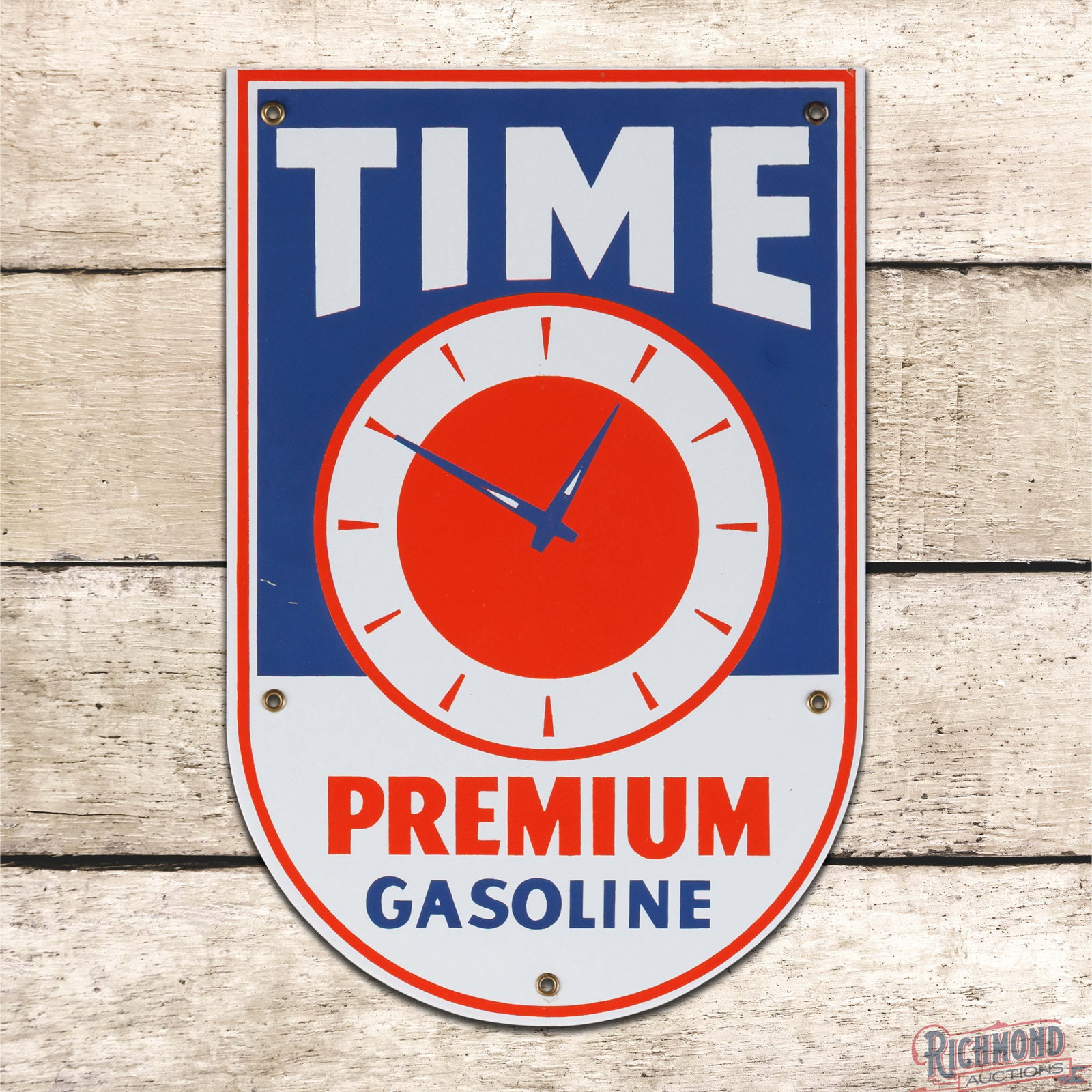 Time Premium Gasoline Single Sided Porcelain Pump Plate Sign w/ Logo: SSP (single sided porcelain) pump plate has excellent color and gloss. The field is exceptionally clean with two tiny scratches in the blue porcelain enamel in the outer left field. The perimeter is c