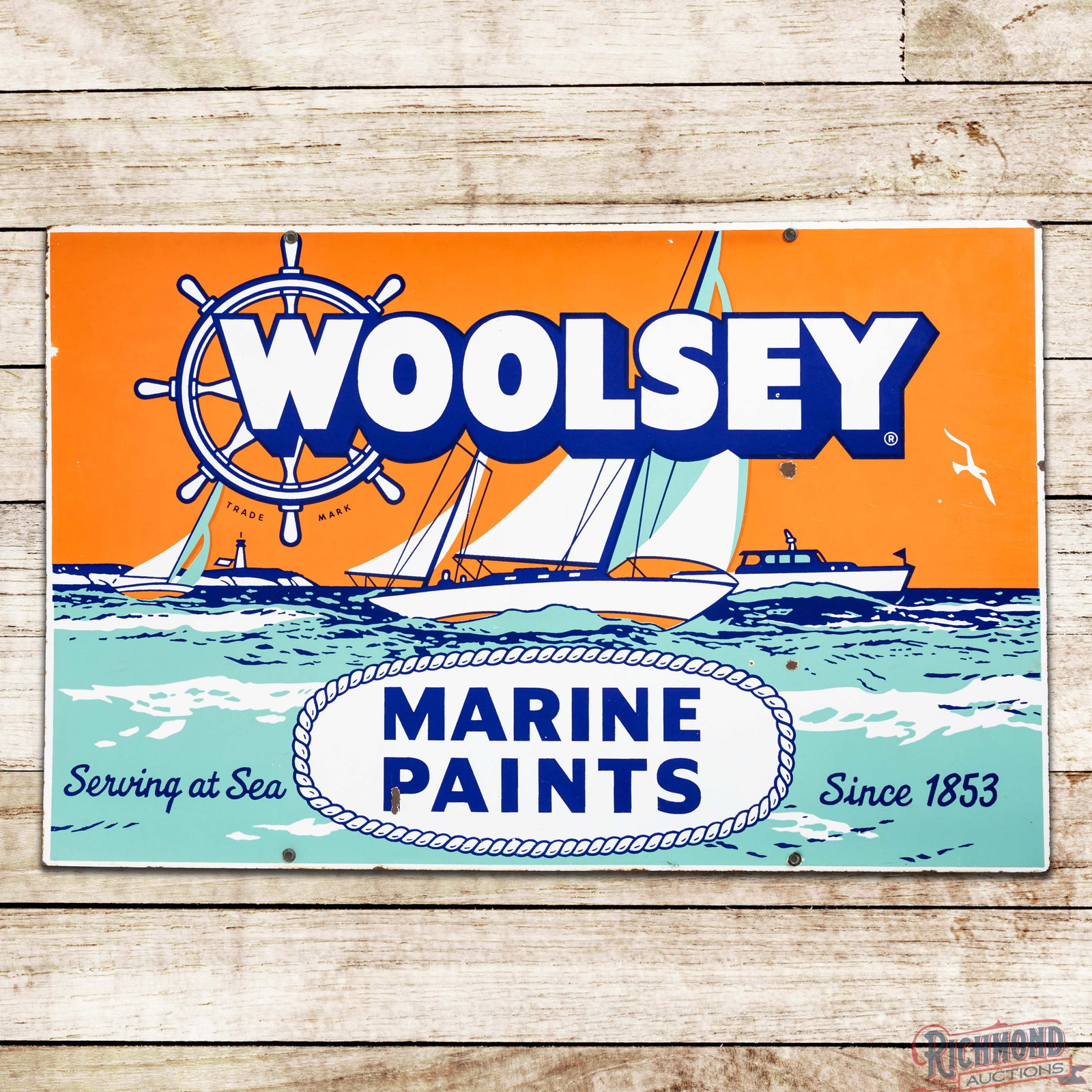 Woolsey Marine Paints "Serving at Sea Since 1853" Double Sided Porcelain Sign w/ Ships: DSP (double sided porcelain) sign has outstanding color and gloss. Side #1 has light wear with chips in the fields. The perimeter has small edge chips with a minor bend on the upper left corner. The r