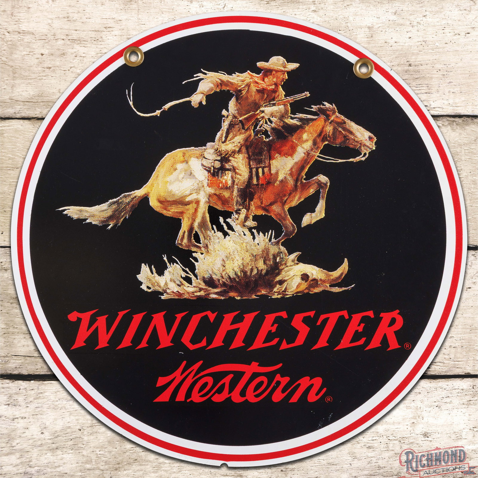 Winchester Western 20" Double Sided Tin Sign w/ Horse & Rider "Small Version": DST (double sided tin) sign has excellent color and shine. Side #1 is exceptionally clean with a few minor surface imperfections and tiny nicks in the outer fields. The reverse has a small nick in the