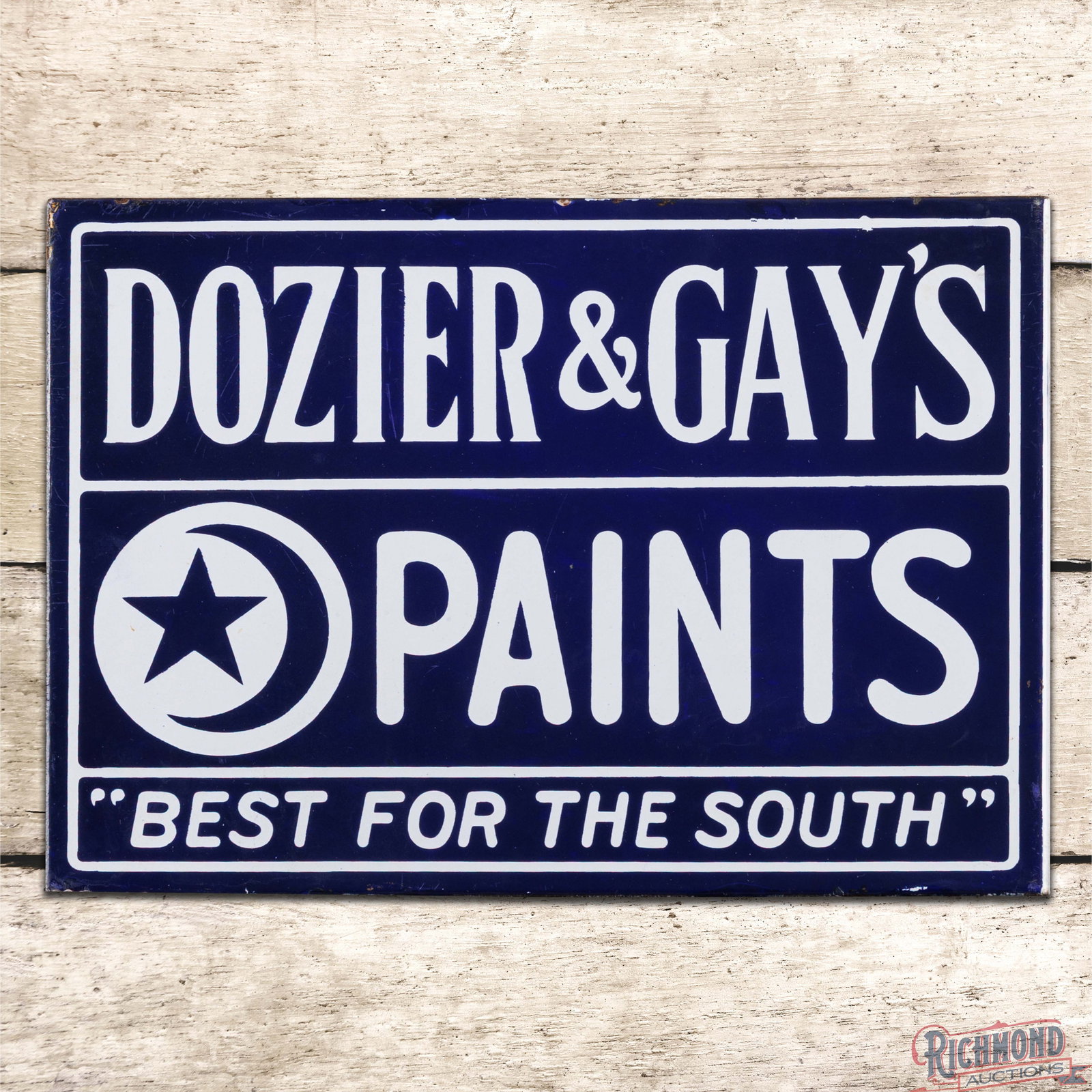 Dozier & Gay's Paints "Best for the South" Double Sided Porcelain Flange Sign Jacksonville Florida: Early DSP (double sided porcelain) flange has excellent color and gloss. The display field is clean showing minor surface imperfections. The perimeter and flange have a few tiny chips along the outer 
