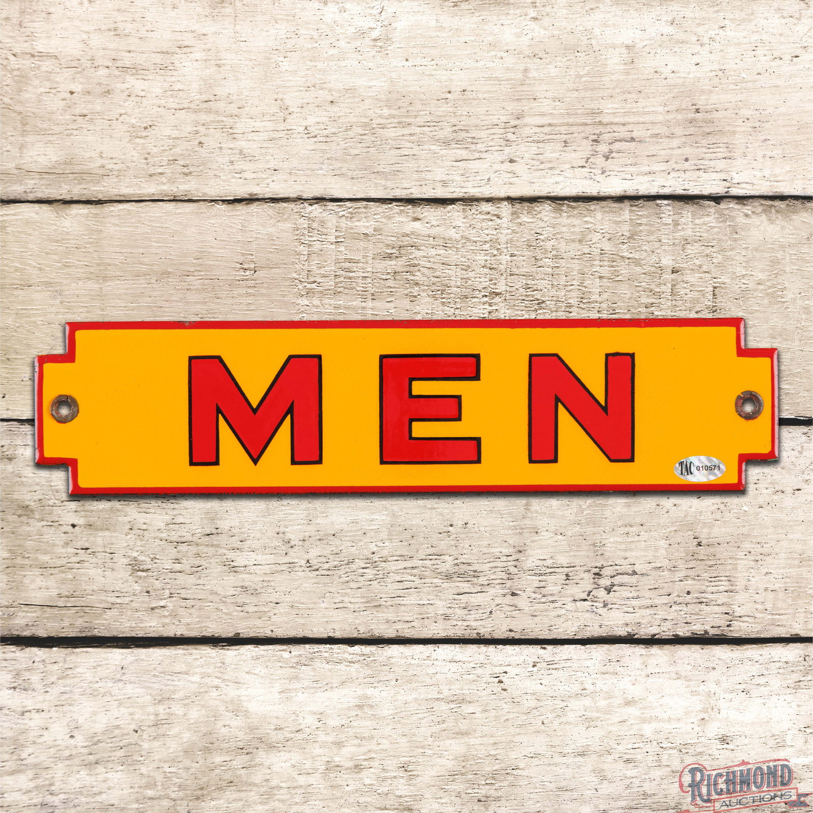 Shell Service Station Men Die Cut Single Sided Porcelain Rest Room Sign: SSP (single sided porcelain) die cut sign has day one color and gloss. The fields are clean. The perimeter has a tiny flea bite on the upper left edge and both factory grommets are present. Overall an