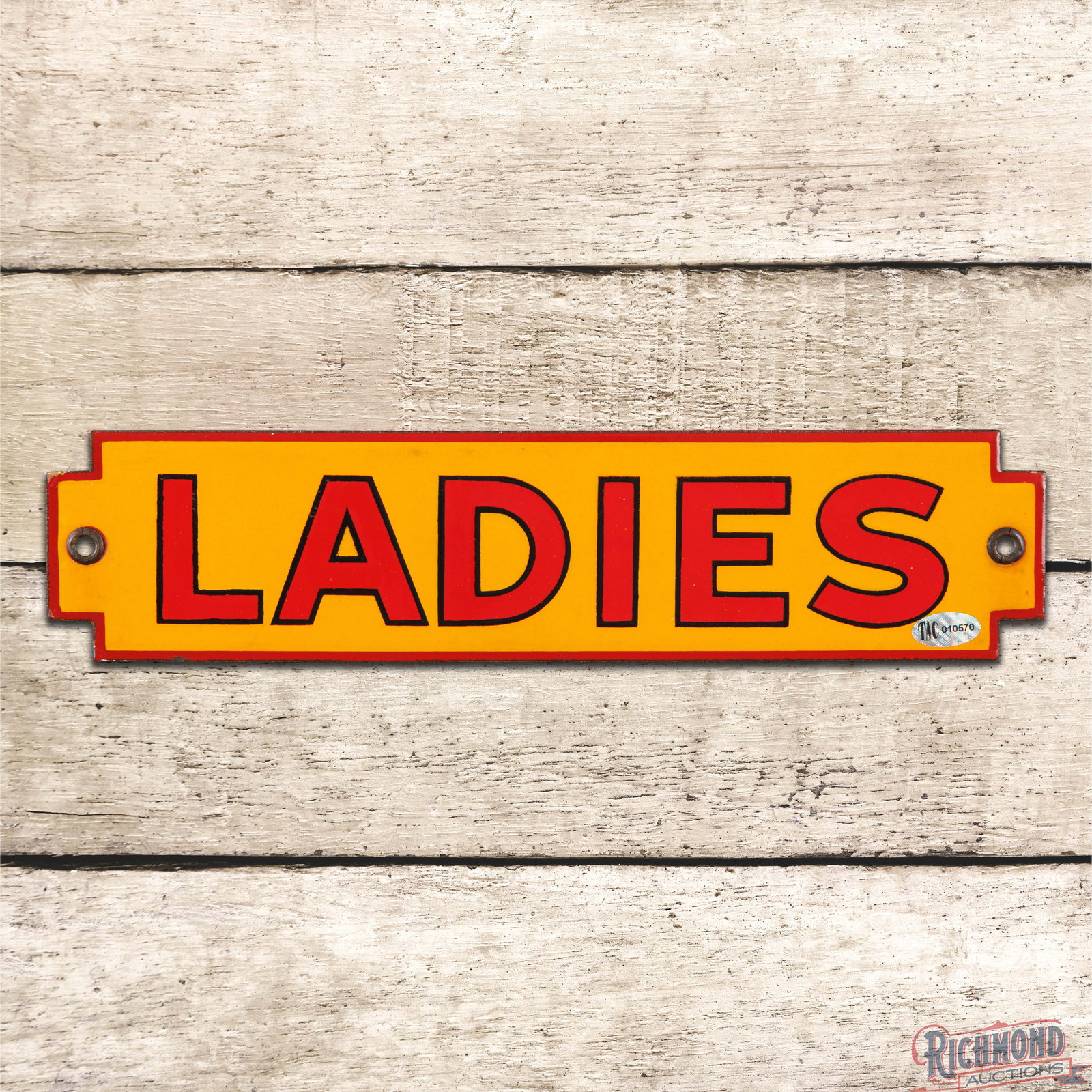 Shell Service Station Ladies Die Cut Single Sided Porcelain Rest Room Sign: SSP (single sided porcelain) die cut sign has excellent color and gloss. The fields are clean. The perimeter has minor areas of faint discoloration and a tiny flea bite on the lower left edge. Both fa