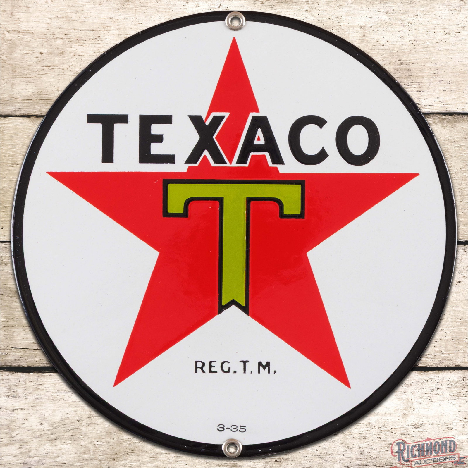 1935 Texaco Motor Oils 8" Single Sided Porcelain Sign "Black T": SSP (single sided porcelain) sign has day one color and gloss. The fields and perimeter are both exceptionally clean and both factory grommets are present. Marked 3-35. All in all an amazing example w