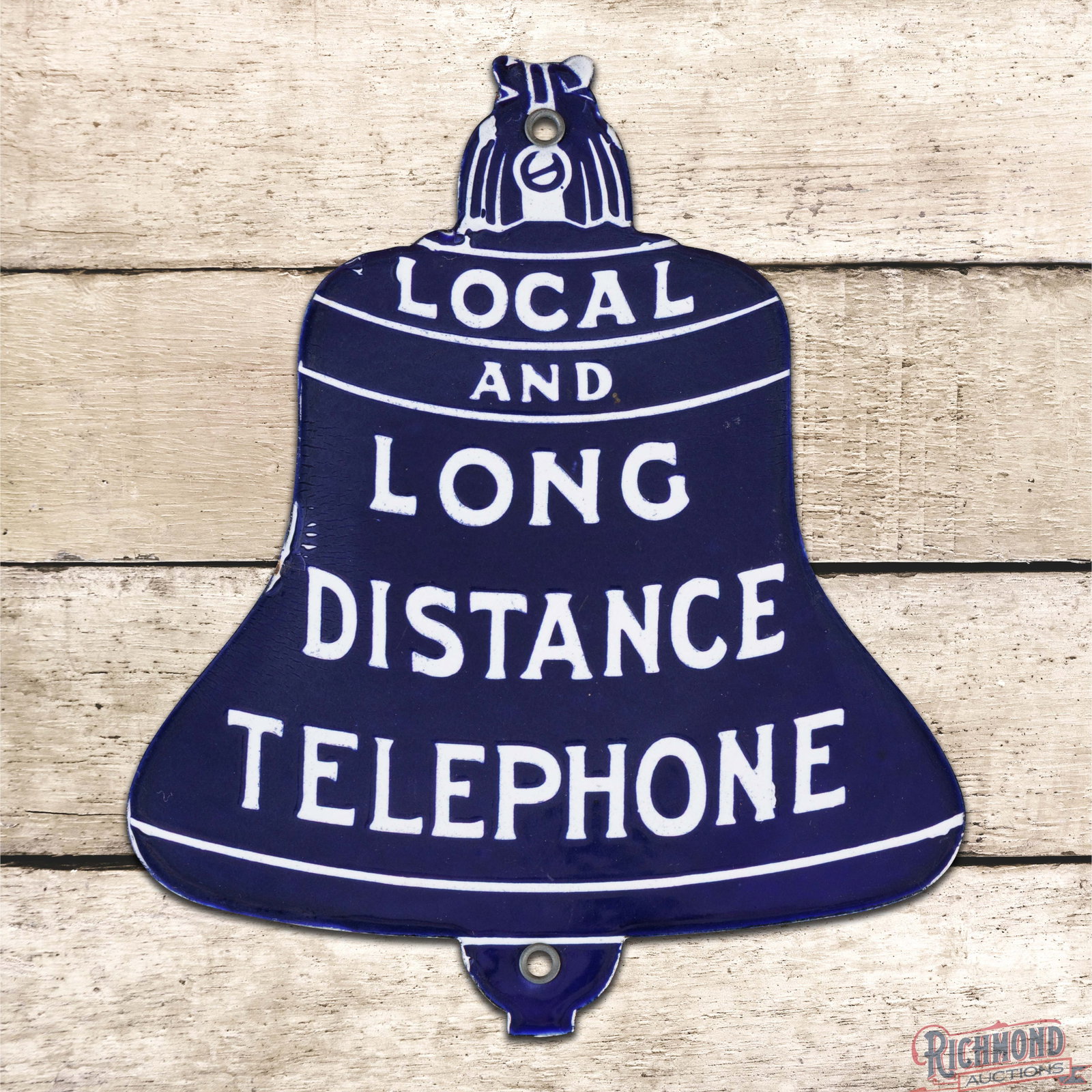 Scarce Local and Long Distance Telephone Die Cut Single Sided Porcelain Bell Shaped Sign: SSP (single sided porcelain) die cut sign has excellent color and gloss. The field is clean. The perimeter has a few tiny nicks along the left hand edge. Both factory grommets are present. Overall an 