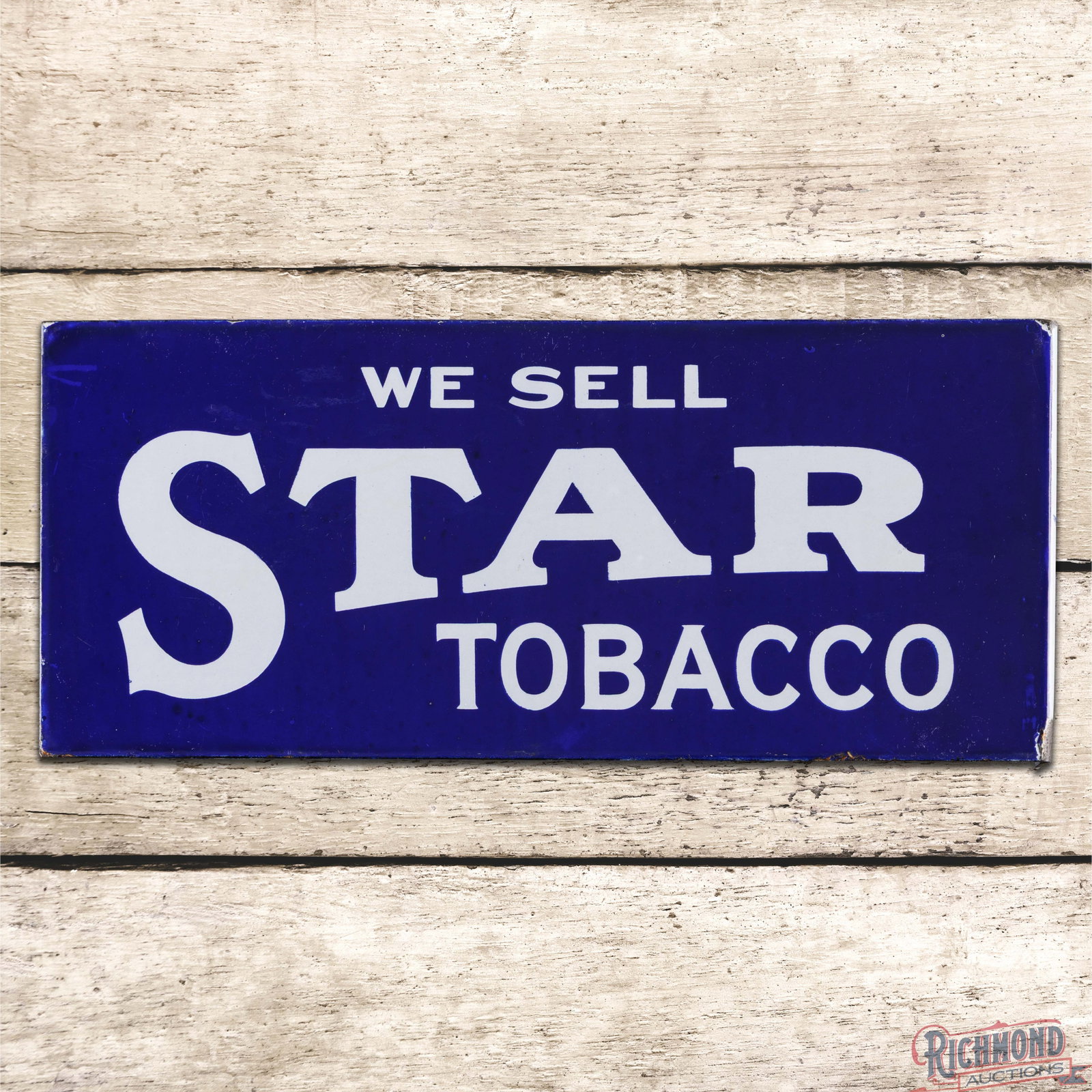 We Sell Star Tobacco Double Sided Porcelain Flange Sign: DSP (double sided porcelain) flange has excellent color and gloss. The display has a clean field with slight crazing in the "T&A of Star. The perimeter has factory imperfections with small chips. The 