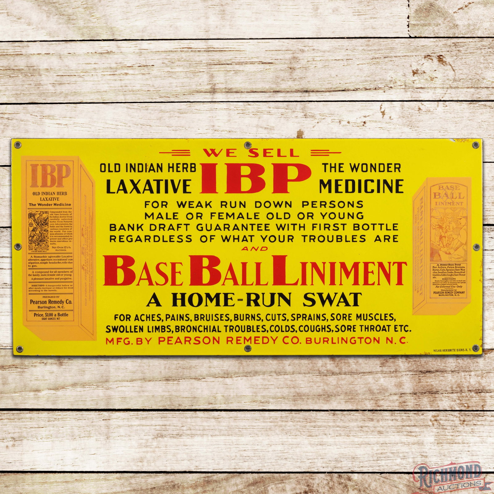 We Sell IBF Old Indian Herb Laxative & Baseball Liniment "A Home Run Swat" Porcelain Sign (1 of 3)