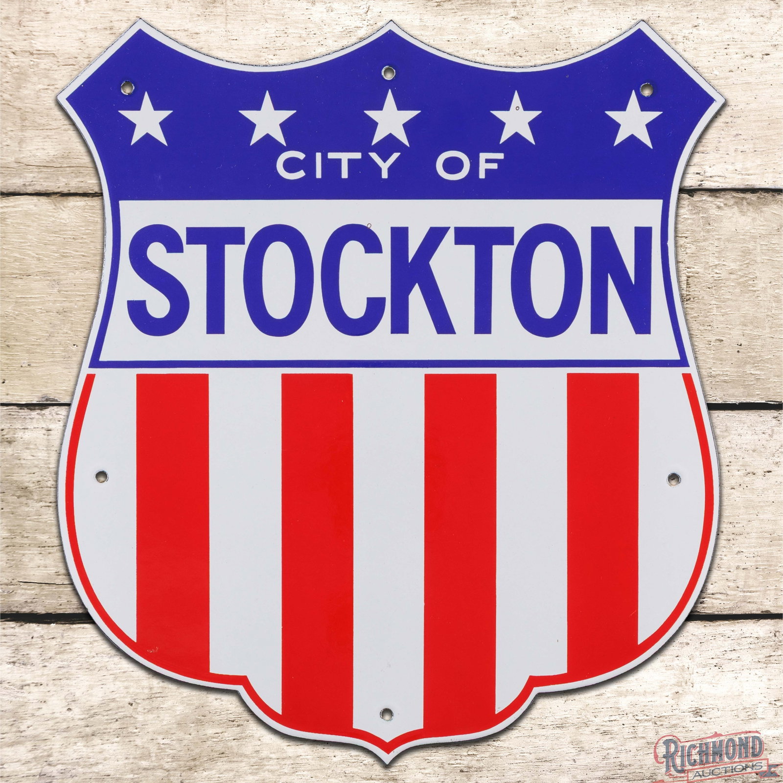 City of Stockton California Single Sided Porcelain Shield Sign: SSP (single sided porcelain) die cut sign has day one color and gloss. The field is clean. The perimeter has a few tiny surface imperfections in the lower right outer fields. Overall an exceptional ex
