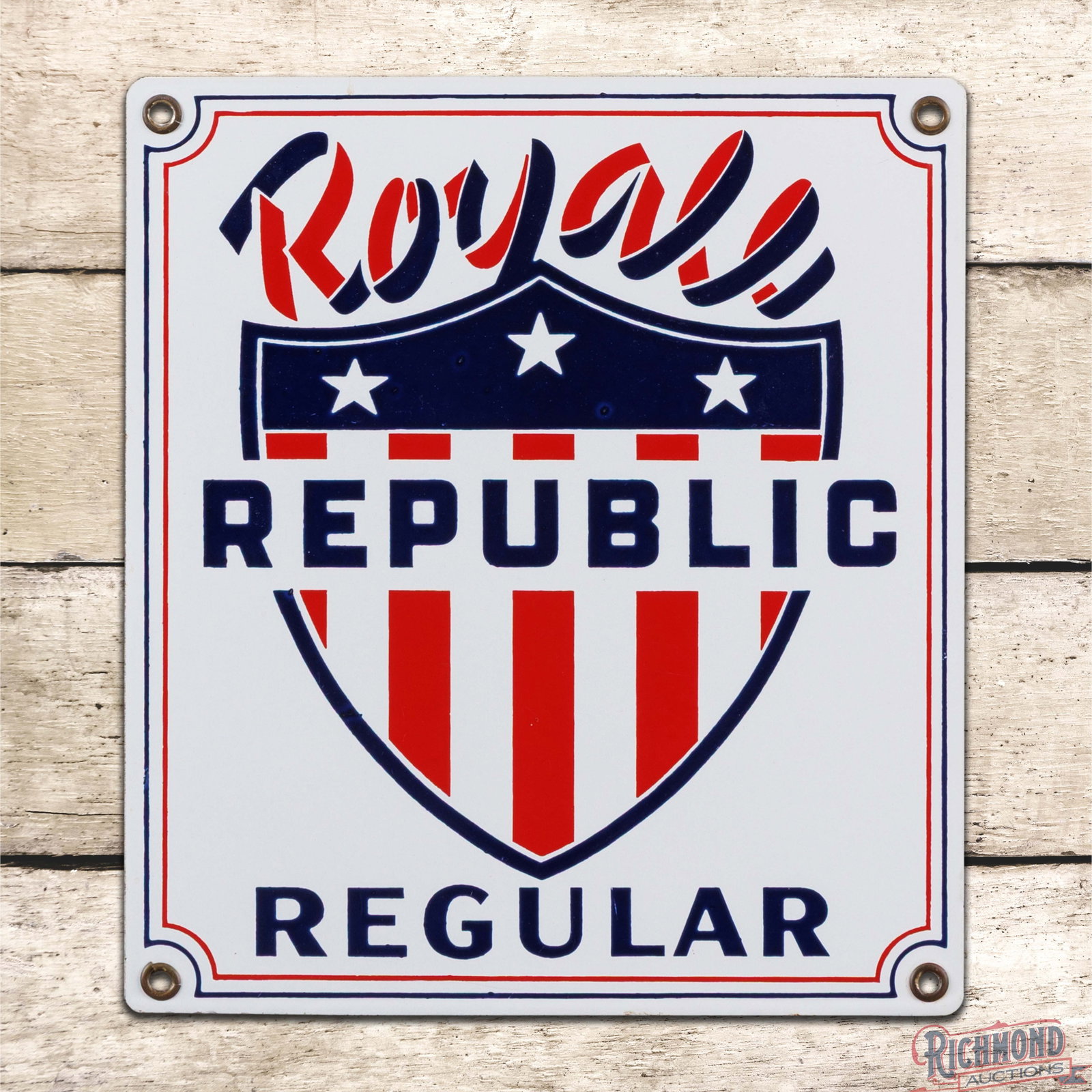Royale Republic Regular Gasoline Single Sided Porcelain Pump Plate Sign w/ Shield Logo: SSP (single sided porcelain) sign has excellent color and gloss. The field is exceptionally clean overall with small fine scratches in the outer portions of the logo. The perimeter is clean and all fo