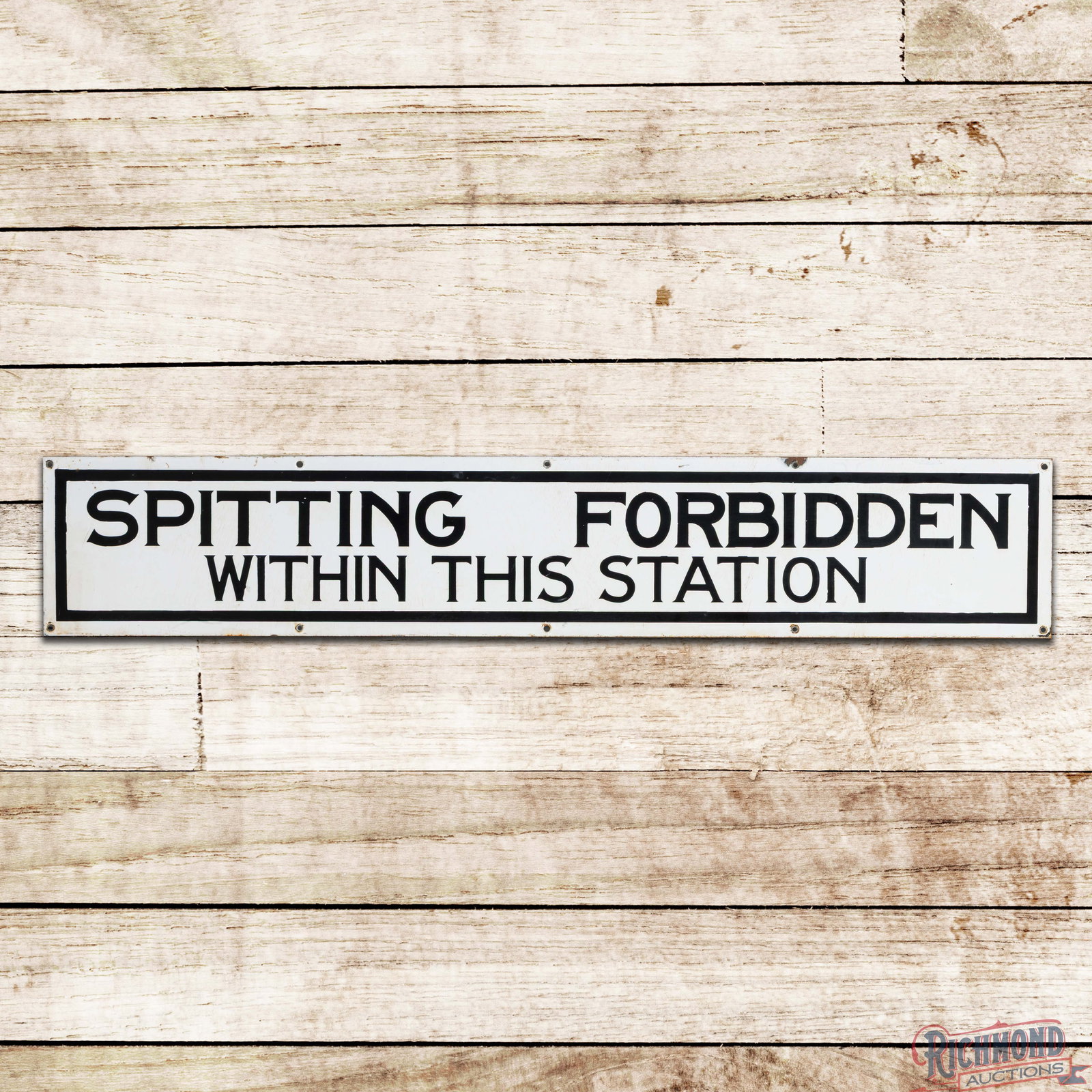 Early Spitting Forbidden Within This Station Single Sided Porcelain Train Subway Station Sign: SSP (single sided porcelain) sign has good color and moderate gloss. The field has areas of crazing with light wear, discoloration and lower gloss. The perimeter has similar wear with small chips alon