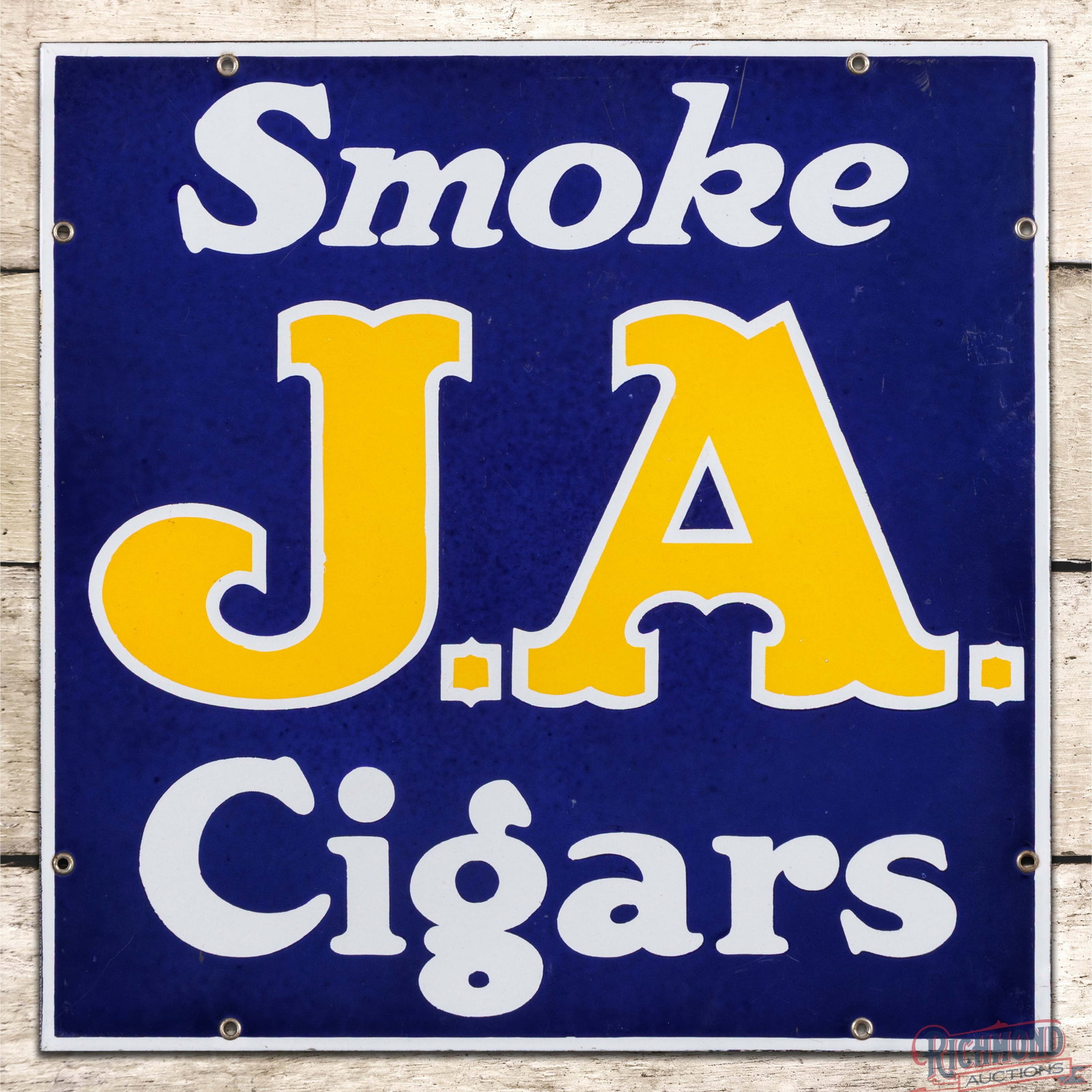 Smoke J.A. Cigars 15" Single Sided Porcelain Sign: SSP (single sided porcelain) sign has excellent color and gloss. The field is very clean overall showing only minor surface imperfections. The perimeter has light wear with small scuffs and fine scrat