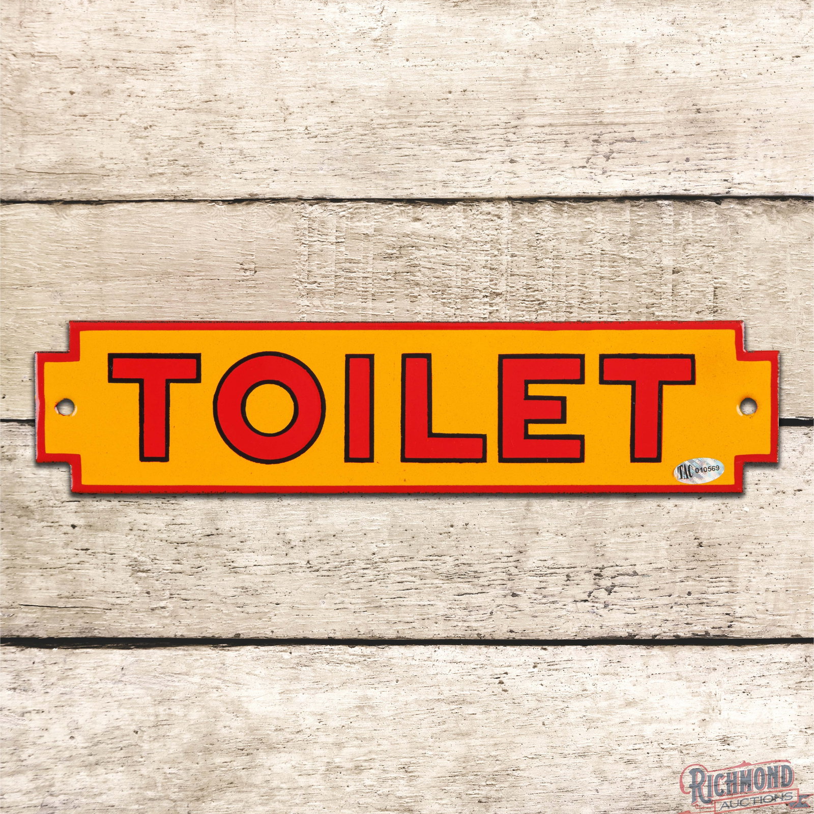 Shell Service Station Toilet Die Cut Single Sided Porcelain Rest Room Sign: SSP (single sided porcelain) die cut sign has exceptional color and gloss. The fields and perimeter are clean. Overall a fantastic example with brilliant porcelain enamel colors. 2.5" H x 10.75" W. Co