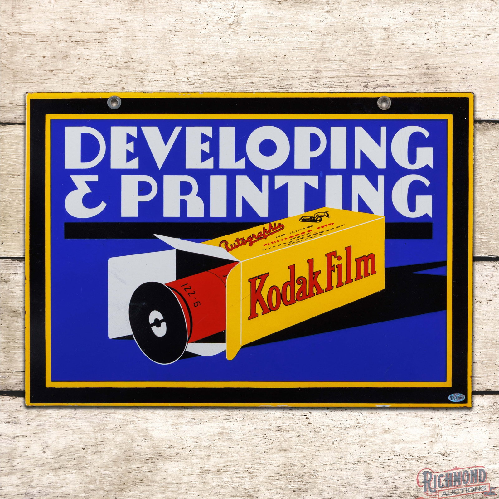 Kodak Film Developing & Printing 20" Double Sided Porcelain Sign: DSP (double sided porcelain) sign has outstanding color and gloss. Side #1 has a clean field with light wear in the outer fields and tiny chips along the lower edges. The reverse is in a similar condi