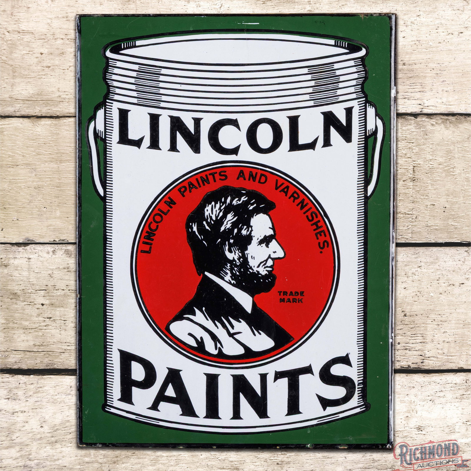 Lincoln Paints and Varnishes Double Sided Porcelain Flange Sign w/ Logo: DSP (double sided porcelain) flange has outstanding color and gloss. Side #1 is exceptionally clean overall with light surface wear and tiny chips along the edges. The reverse is in a similar conditio