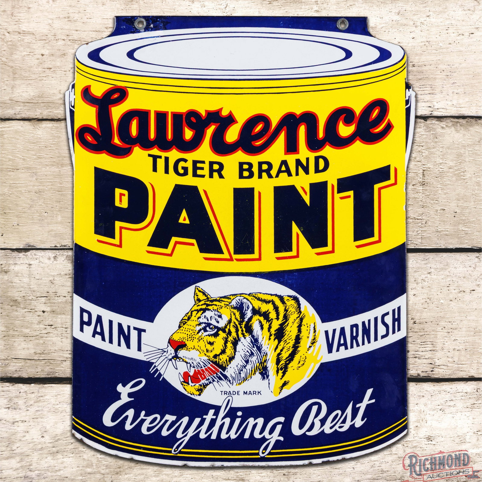 Lawrence Tiger Brand Paint "Everything Best" Double Sided Porcelain Die Cut Sign: DSP (double sided porcelain) die cut sign has outstanding color and gloss. The display has a clean field with light wear and a scratch in the "L". The perimeter has small chips along the outer edges a