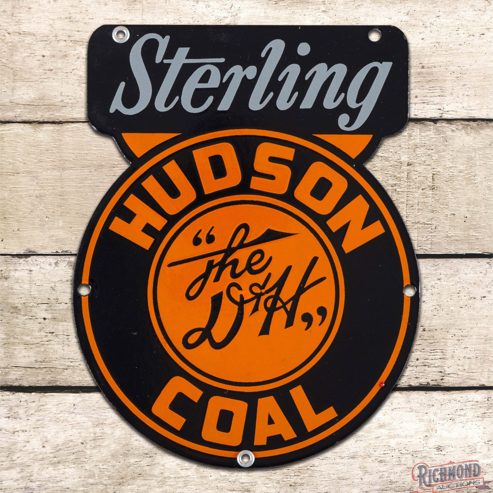 Sterling Hudson "The D&H" Delaware & Hudson Railroad Coal Die Cut Single Sided Porcelain Sign: SSP (single sided porcelain) die cut sign has outstanding color and gloss. The field is clean with a tiny nick in the left field. The perimeter has a minor factory blemish at 4 o'clock with clean edge