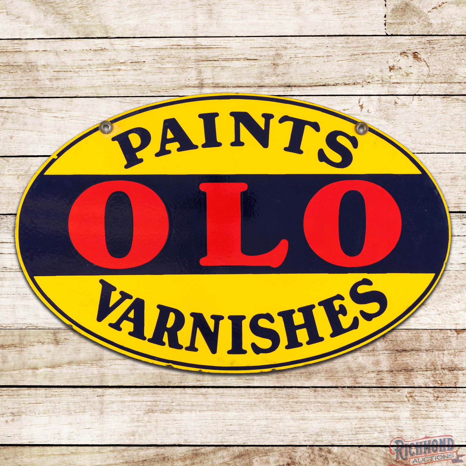 OLO Paints Varnishes Double Sided Porcelain Sign: DSP (double sided porcelain) sign has outstanding color and gloss. The display is very clean overall with light surface wear and small chips along the outer edges. The reverse is in a similar conditio