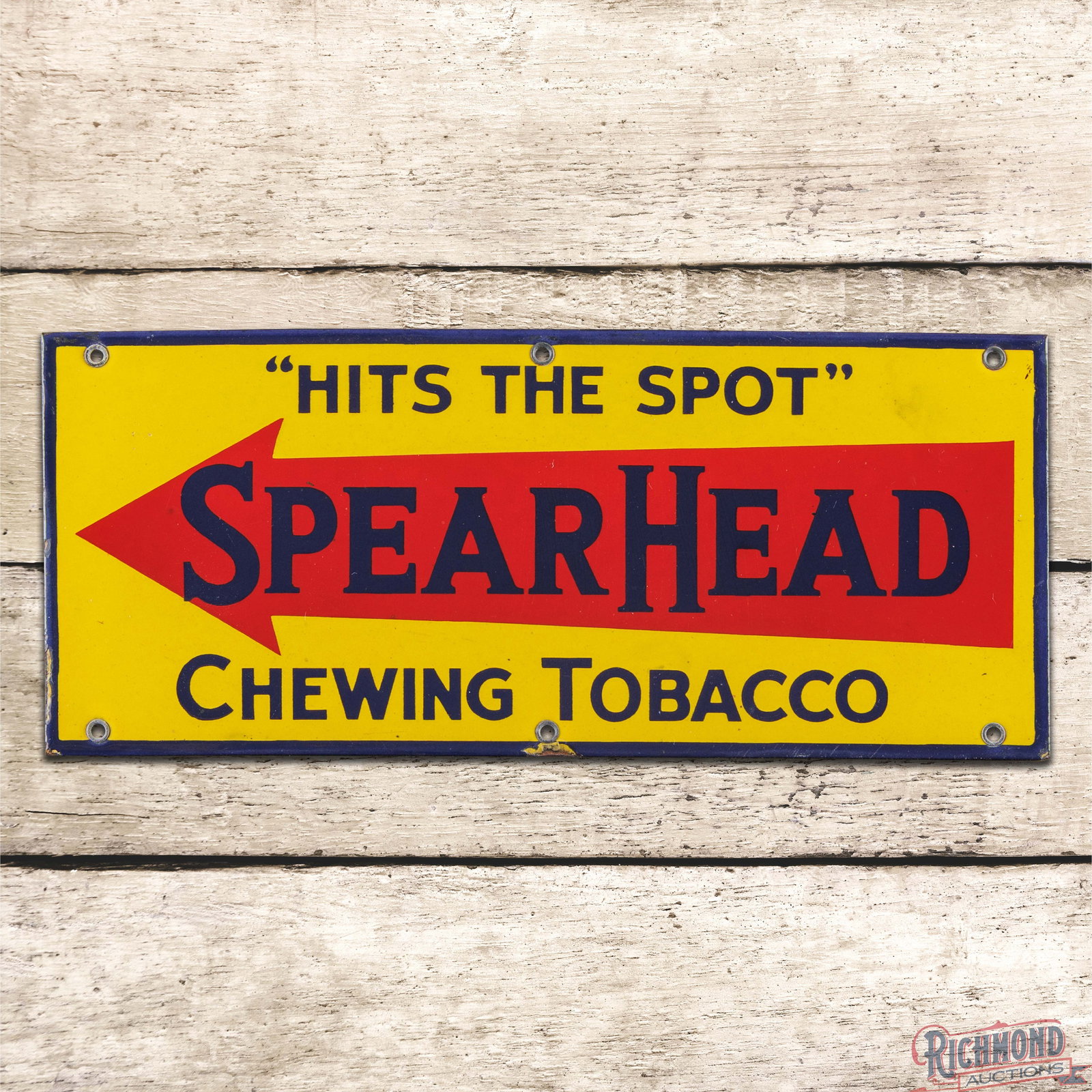 Spearhead Chewing Tobacco "Hits the Spot" Single Sided Porcelain Sign w/ Arrow: SSP (single sided porcelain) sign has outstanding color and gloss. The field are clean with light surface wear. The perimeter has small chips along the outer edges. All six factory grommets are presen