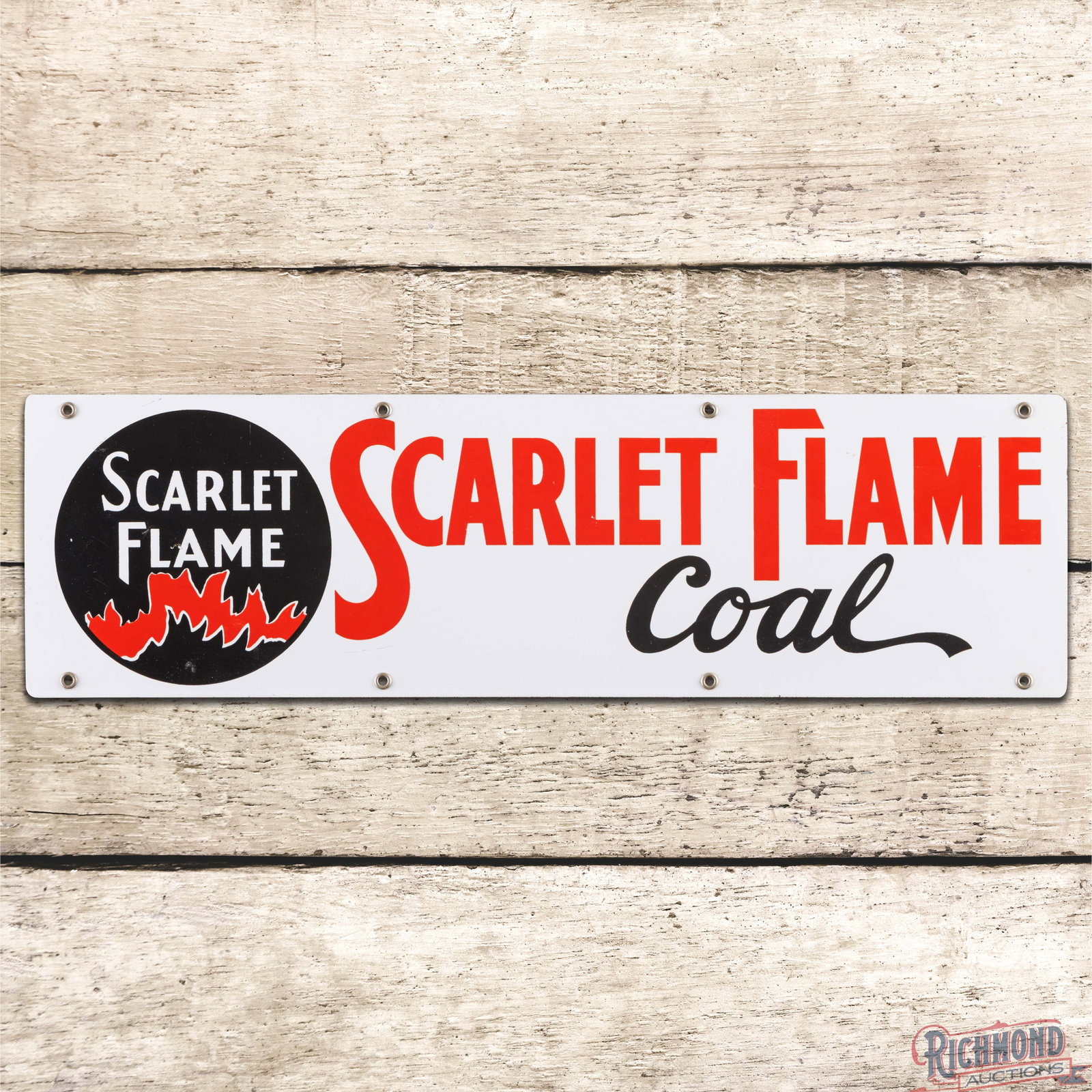 Scarlet Flame Coal 24" Single Sided Porcelain Sign w/ Logo: SSP (single sided porcelain) sign has excellent color and gloss. The field is very clean overall with minor marks and a tiny chip by the "A" in Flame in the logo. The perimeter is clean and all eight 