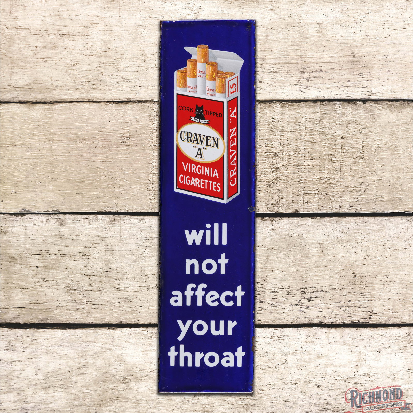 Craven "A" Virginia Cigarettes "Will Not Affect Your Throat" Porcelain Palm Door Push Sign (1 of 3)