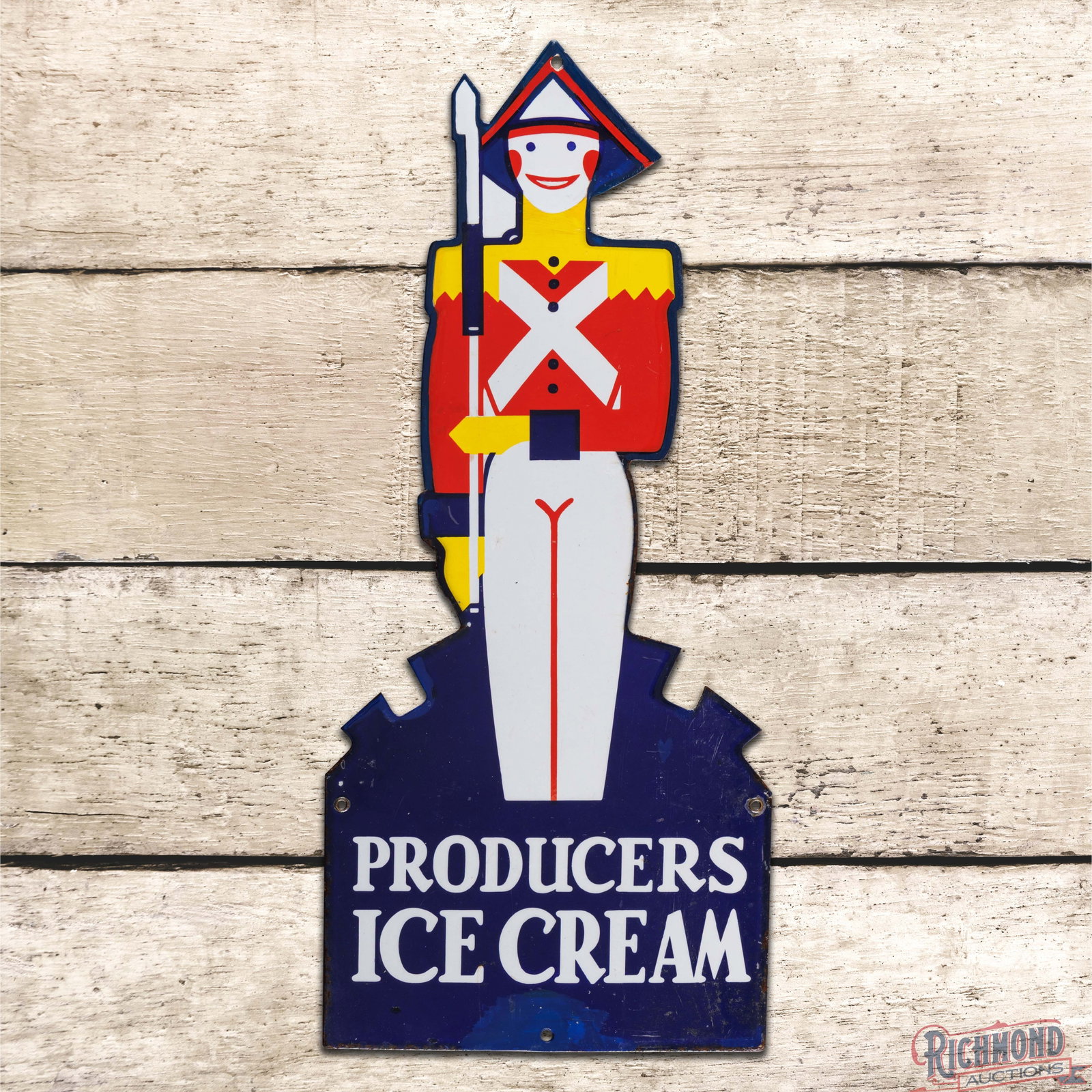Rare Producers Ice Cream 20" Single Sided Porcelain Sign w/ Toy Soldier: SSP (single sided porcelain) die cut sign has excellent color. The sign has been restored. The display has light wear with small areas of discoloration. The perimeter has similar wear with color varia