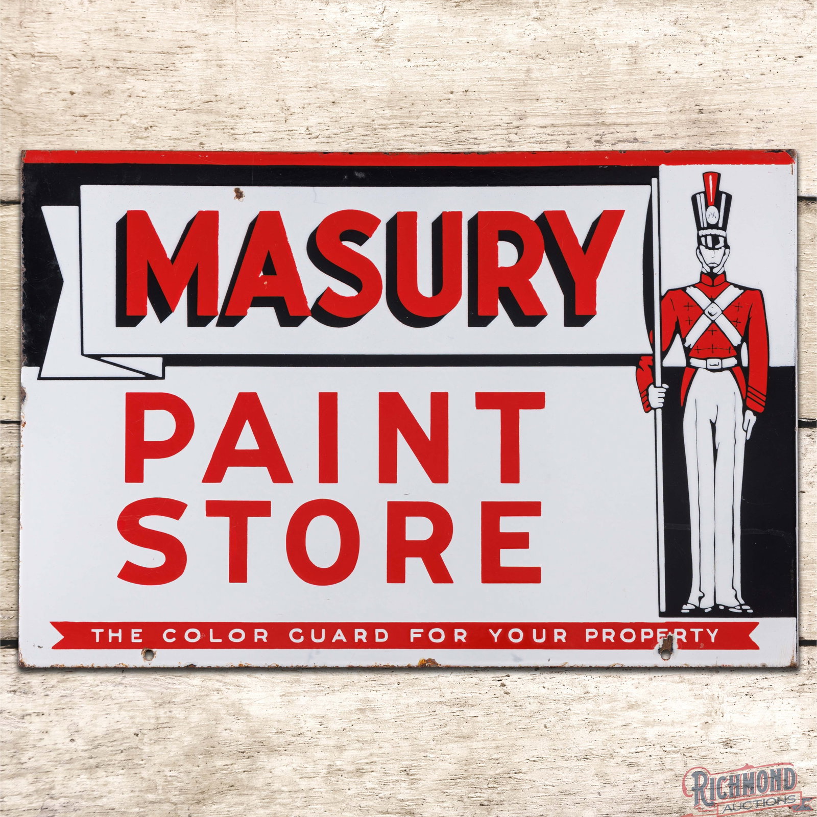 Masury Paint Store "The Color Guard for Your Property" Double Sided Porcelain Flange Sign w/ Soldier: DSP (double sided porcelain) flange has excellent color and gloss. The field is clean with small areas of crazing and chips in the outer fields and perimeter. The reverse is in a similar condition to 