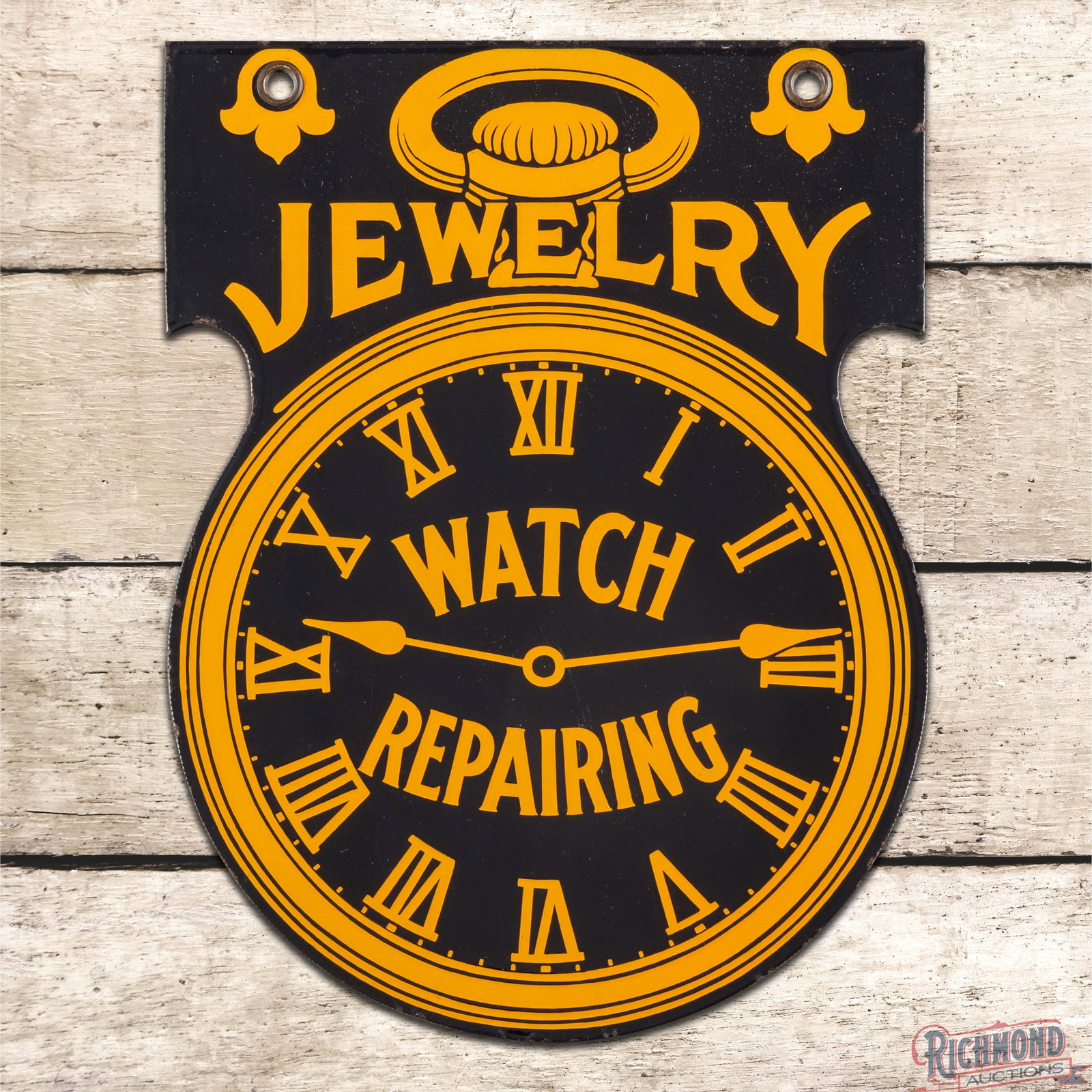 Jewelry Watch Repairing Die Cut 15" Double Sided Porcelain Sign: DSP (double sided porcelain) die cut sign has exceptional color and gloss. Side #1 has a clean field with light fine scratches in the lower field and a few tiny chips along the edges. The reverse is i