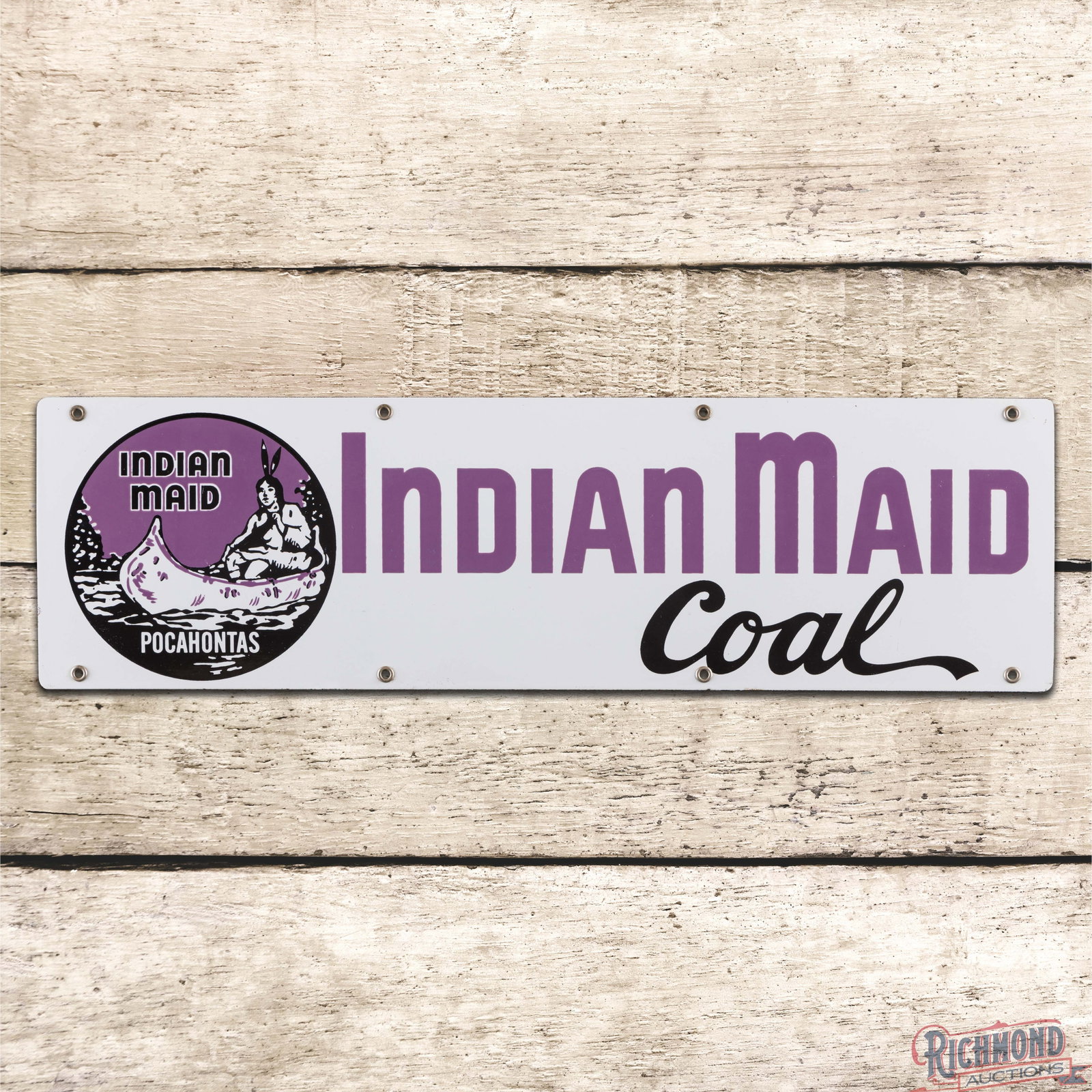 Indian Made Coal 24" Single Sided Porcelain Sign w/ Pocahontas Logo: SSP (single sided porcelain) sign has day one color and gloss. The sign is exceptionally clean with a few minor surface imperfections. All eight factory grommets are present. Overall an amazing exampl