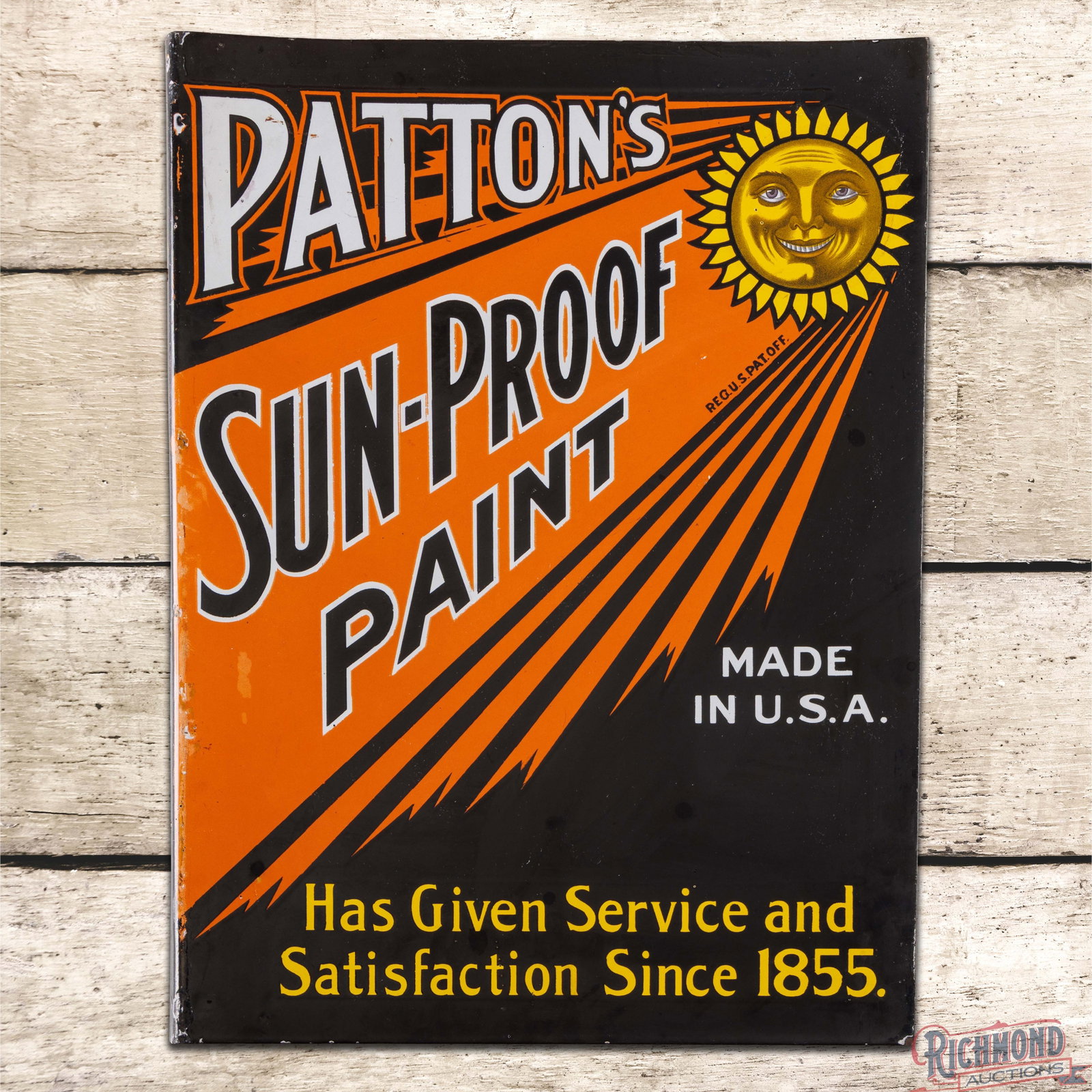 Early Patton's Sun-Proof Paints "Made in U.S.A." Double Sided Porcelain Flange Sign w/ Sun Logo: DSP (double sided porcelain) flange has excellent color and gloss. The display has light wear with small factory blemishes in the fields and logo. The perimeter has small chips along the outer edges. 