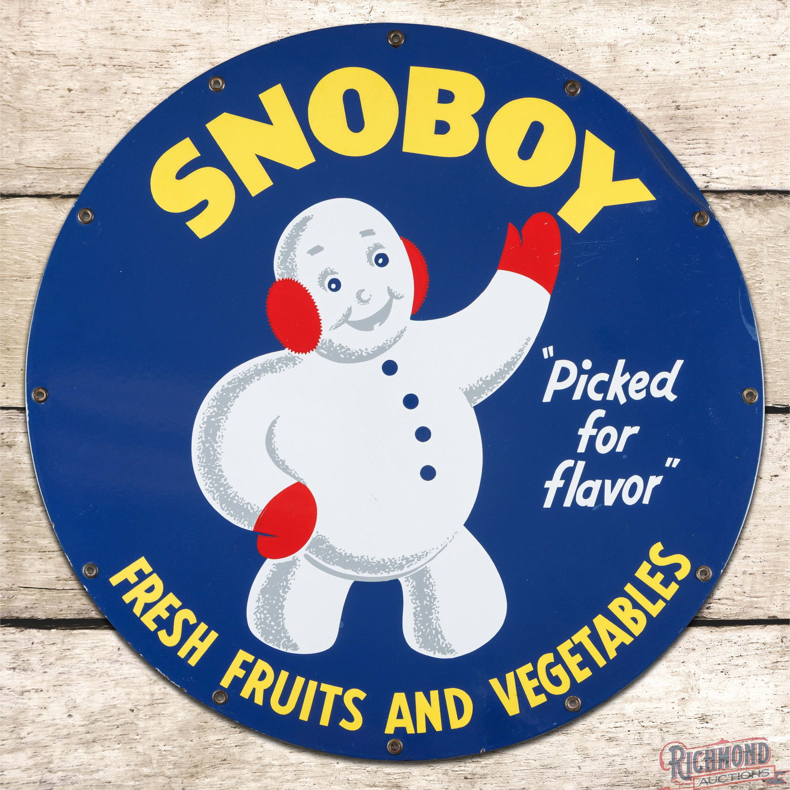 Snoboy Fresh Fruits and Vegetables "Picked for Flavor" 23" Single Sided Porcelain Sign: SSP (single sided porcelain) sign has excellent color and gloss. The field is very clean overall with small scuffs and fine scratches in the outer fields. The perimeter has a circular area of wear bet
