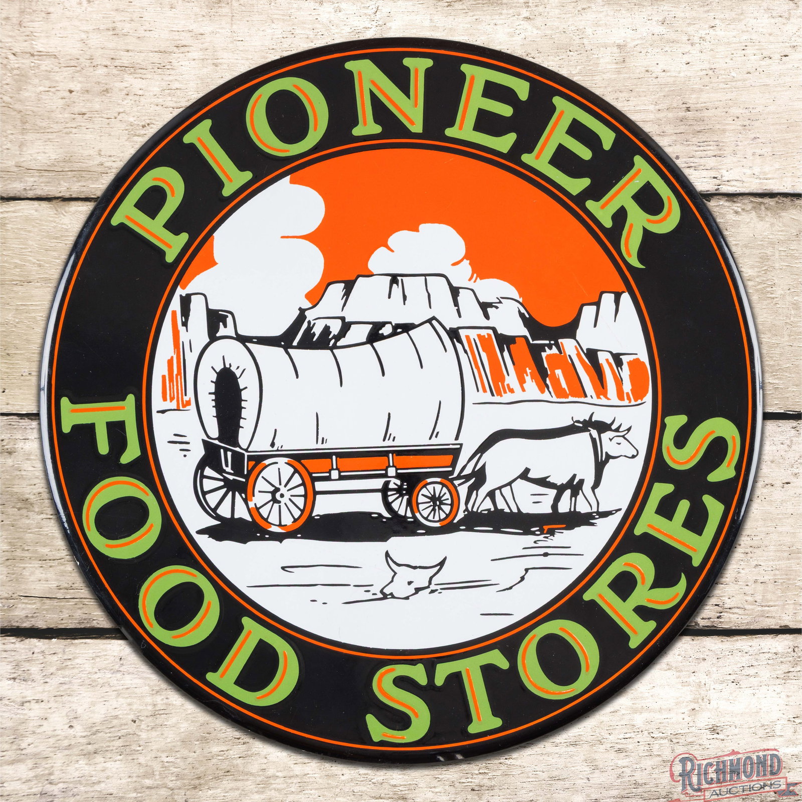 Pioneer Food Stores 16" Single Sided Porcelain Sign w/ Western Wagon Scene (1 of 3)