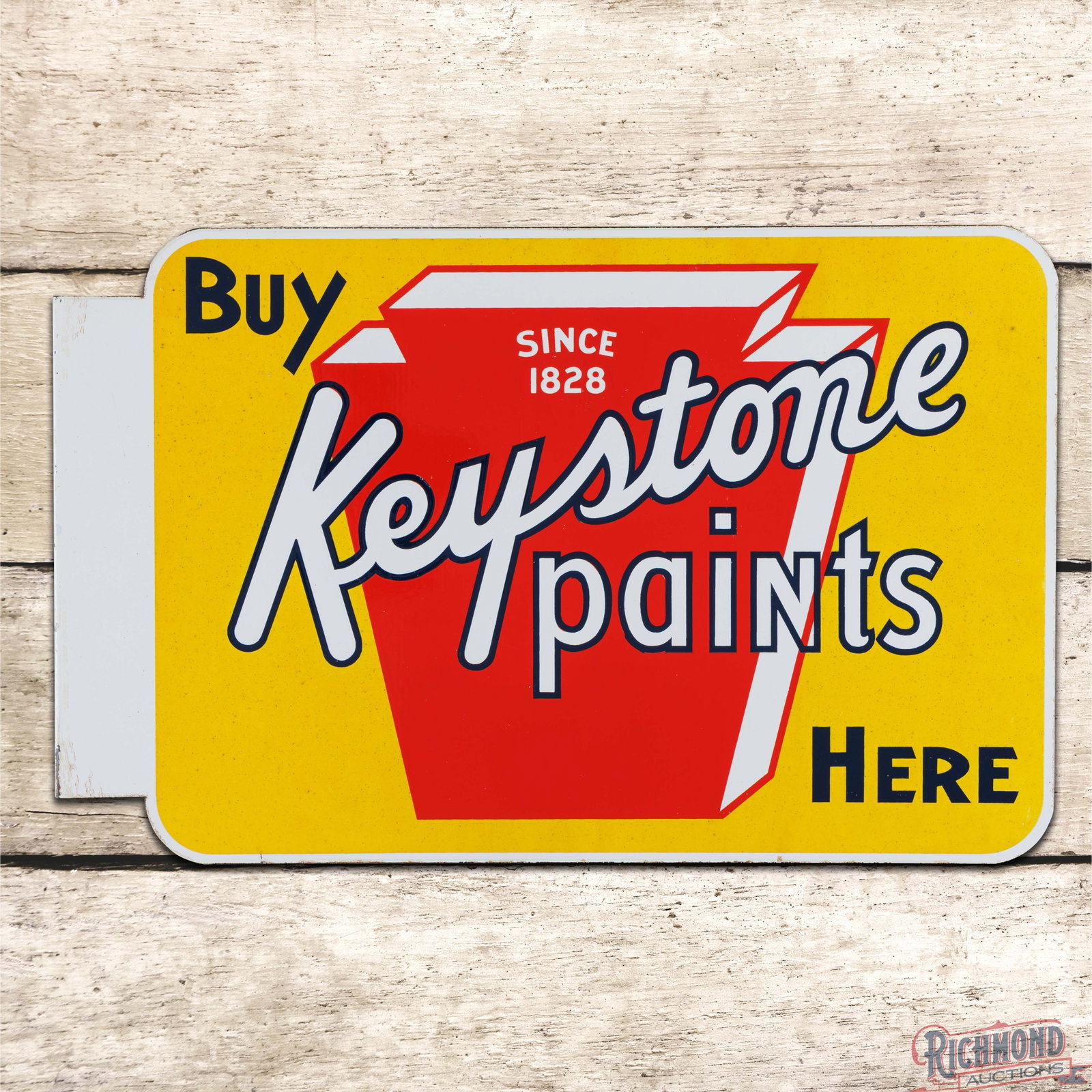 Buy Keystone Paints Here "Since 1828" Double Sided Porcelain Flange Sign w/ Logo: DSP (double sided porcelain) flange has outstanding color and gloss. The display has a clean graphic with light wear and factory discoloration to the yellow porcelain enamel. The reverse has minor sur
