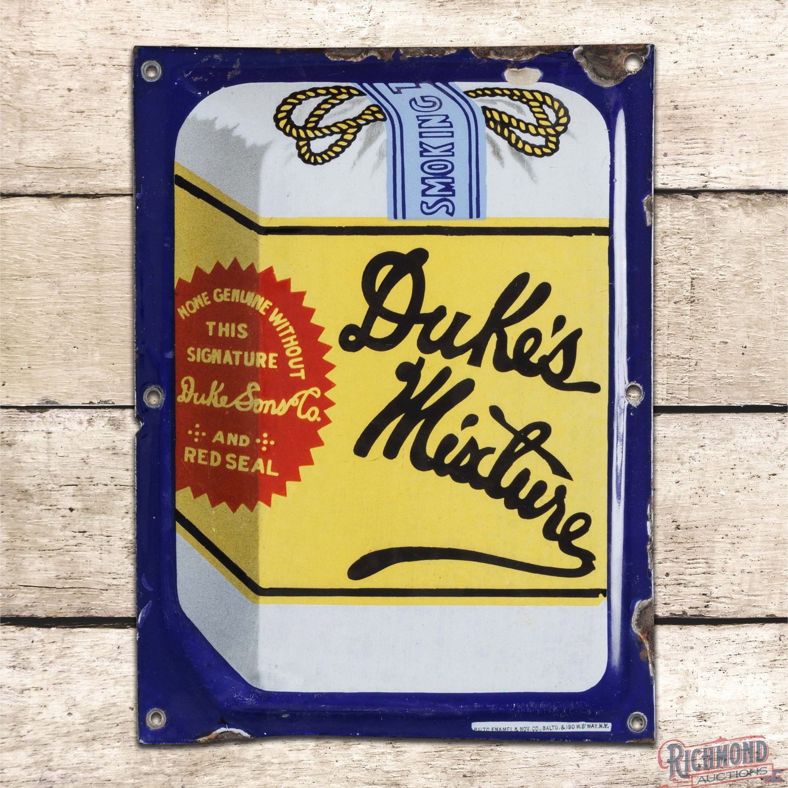 Duke's Mixture Tobacco Convex Single Sided Porcelain Sign: SSP (single sided porcelain) convex self-framed sign has excellent color and gloss. The fields are clean with minor surface imperfections. The perimeter has a chip on the upper edge of the pack with a