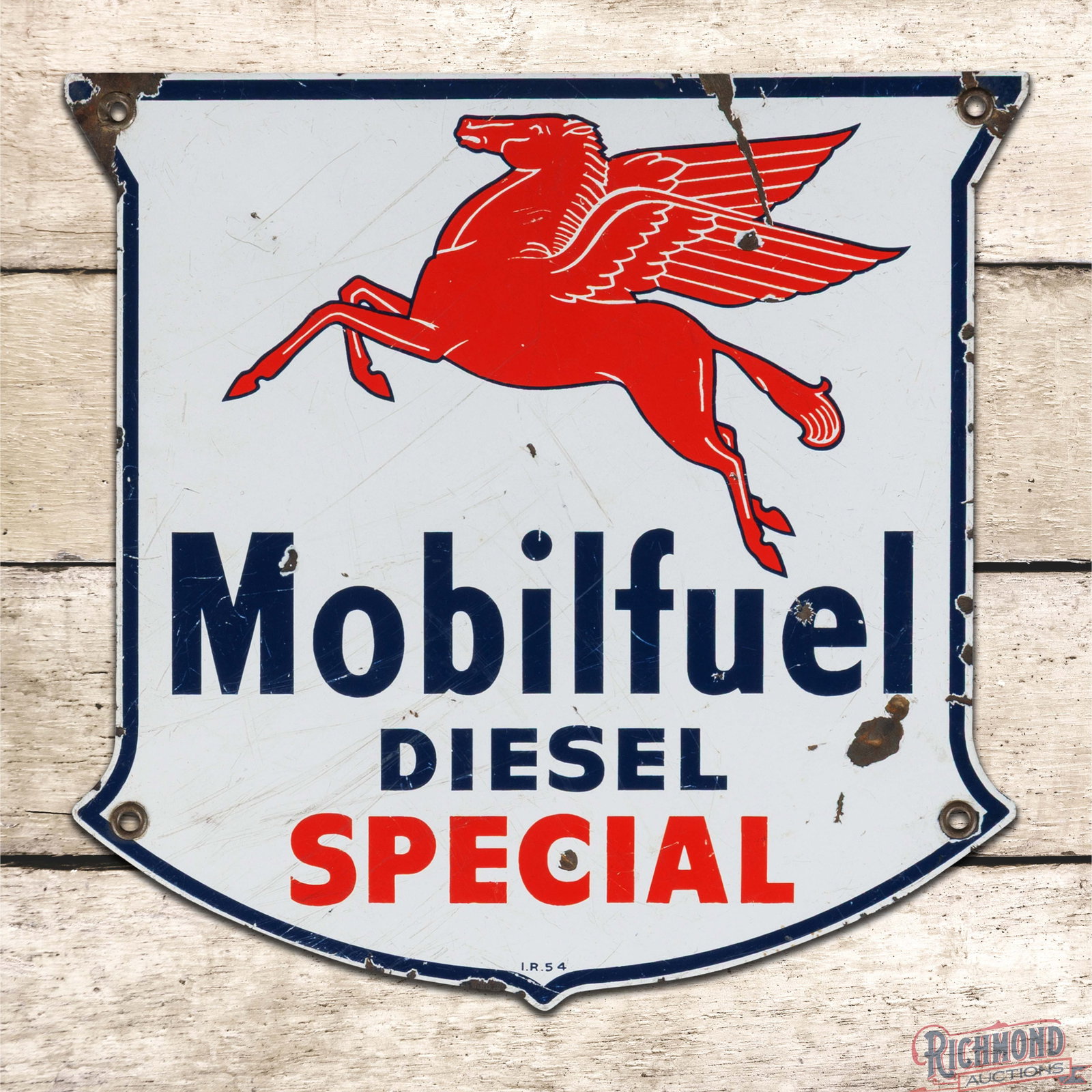 Rare 1954 Mobilfuel Diesel Special Single Sided Porcelain Gas Pump Plate Sign w/ Pegasus: SSP (single sided porcelain) pump plate has good color and gloss. The field has heavy scratches with chips and dings. The perimeter has additional chips with slight bends on the upper corners. All fou