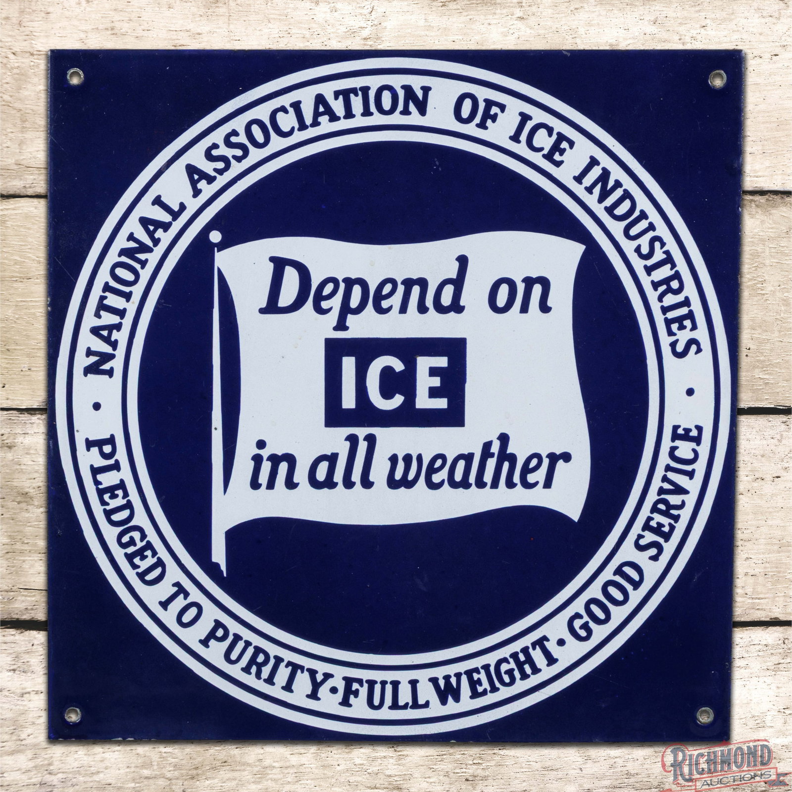 National Association of Ice Industries "Depend on Ice in All Weather" 13.5" Porcelain Sign: SSP (single sided porcelain) sign has very good color and gloss. The field is very clean overall showing light surface wear. The perimeter is in a similar condition and all four factory grommets are p