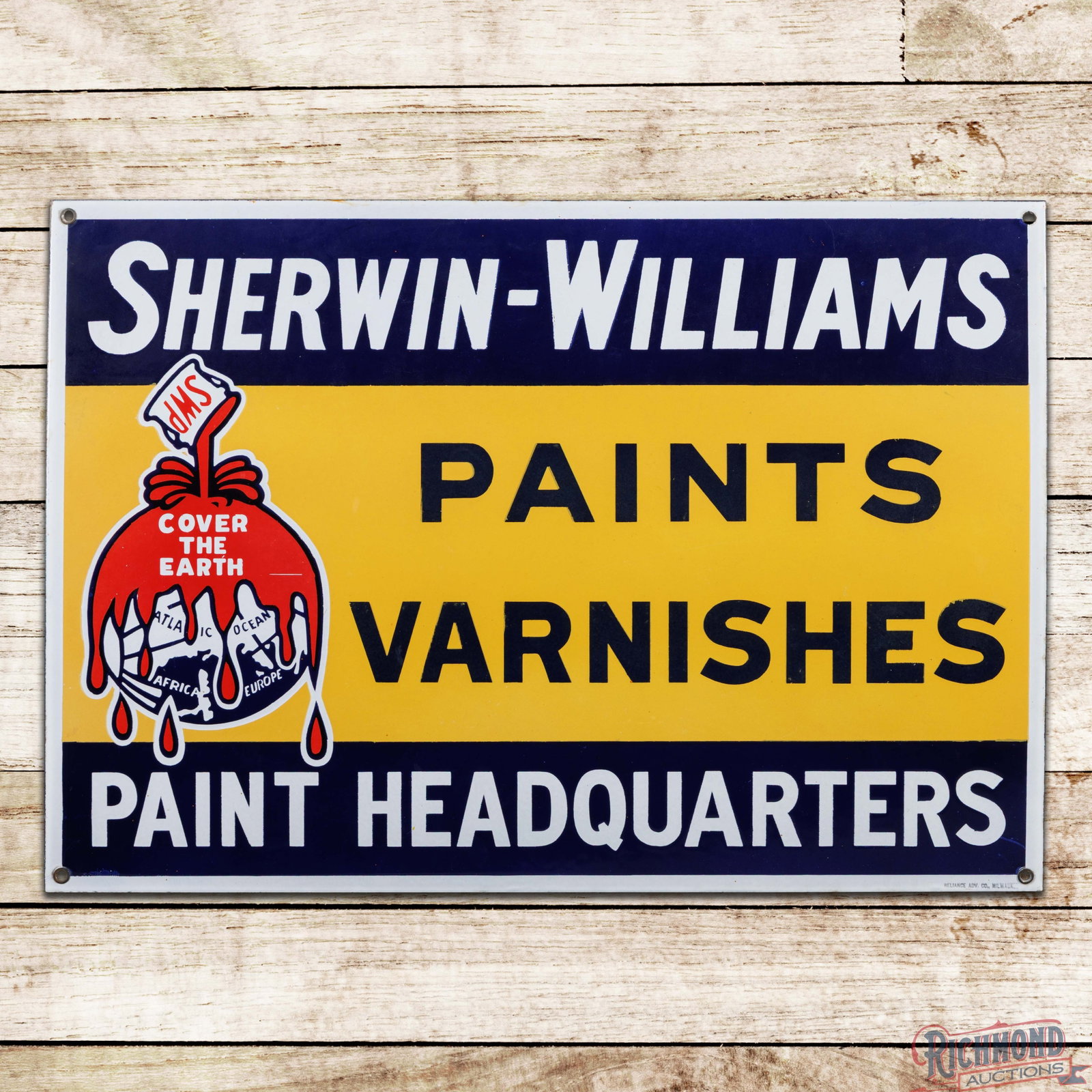 Sherwin Williams Paints Varnishes Headquarters Single Sided Porcelain Sign w/ Cover the Earth Logo: SSP (single sided porcelain) sign has outstanding color and gloss. The field is clean with minor factory imperfections in the lettering and logo The perimeter is free of chips and three of the factory