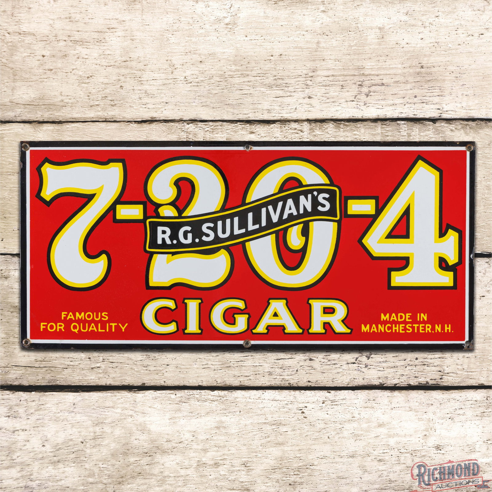 R.G. Sullivan's 7-20-4 Cigar "Famous for Quality" Single Sided Porcelain Sign: SSP (single sided porcelain) sign has excellent color and gloss. The field is clean. The perimeter has a tiny chip at the upper center mounting hole with other small chips along the outer edges. Four 