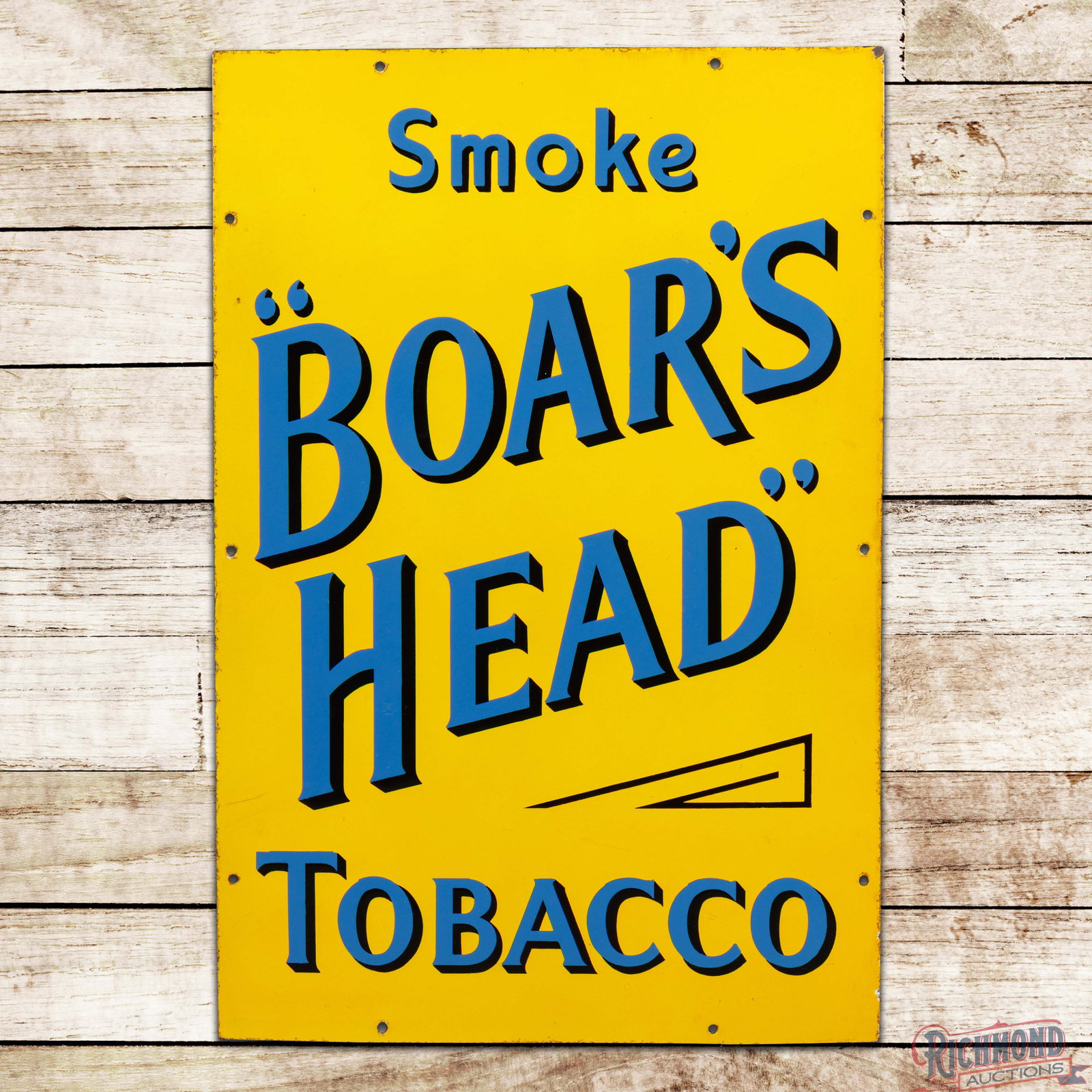 Smoke Boar's Head Tobacco 30" Single Sided Porcelain Sign: SSP (single sided porcelain) sign has excellent color and gloss. The field is very clean overall with minimal surface imperfections. The perimeter exhibits light wear at some of the mounting holes wit