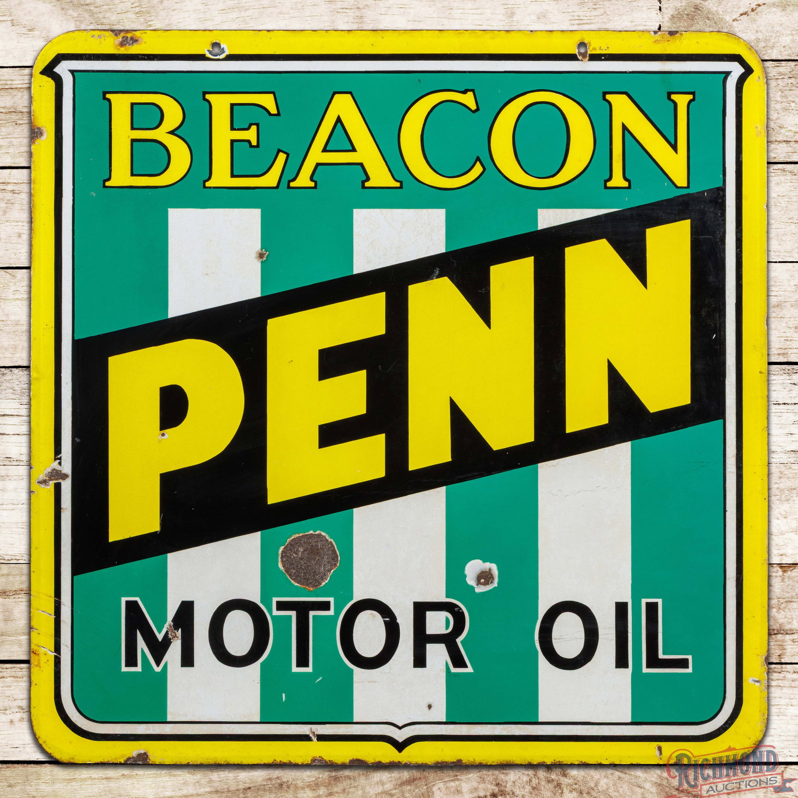 Beacon Penn Motor Oil 30" Double Sided Porcelain Sign: DSP (double sided porcelain) sign has good color and gloss. Side #1 has chips in the fields with areas of discoloration in the white porcelain enamel. The perimeter has chips with areas of discolorati
