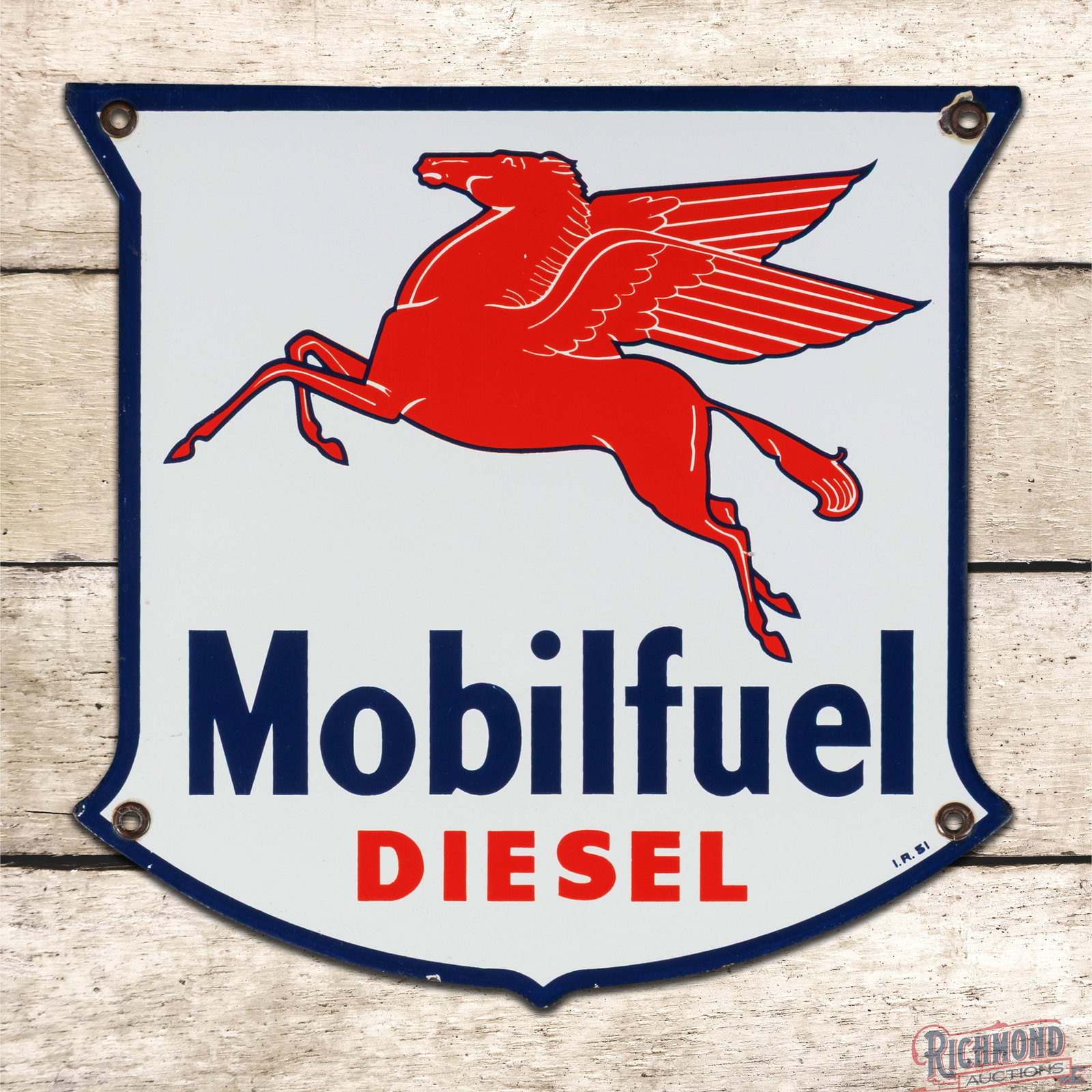 1951 Mobilfuel Diesel Single Sided Porcelain Gas Pump Plate Sign w/ Pegasus: SSP (single sided porcelain) pump plate has excellent color and gloss. The field has a tiny nick with a few fine scratches in the Pegasus graphic. The perimeter has a chip at the upper right mounting 