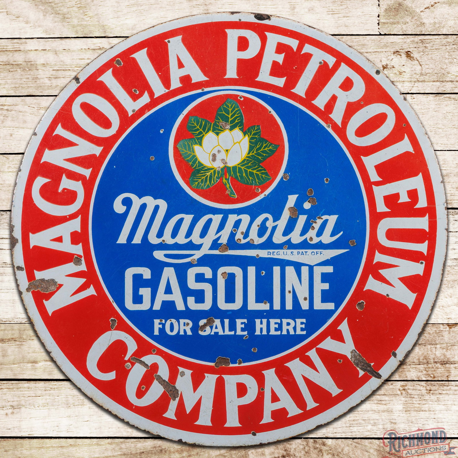 Magnolia Petroleum Company Gasoline For Sale Here 30" Double Sided Porcelain Sign: DSP (double sided porcelain) sign has good color and gloss. Side #1 has surface wear with chips in the fields and perimeter. The reverse is in a similar condition to the display. The sign has a great 