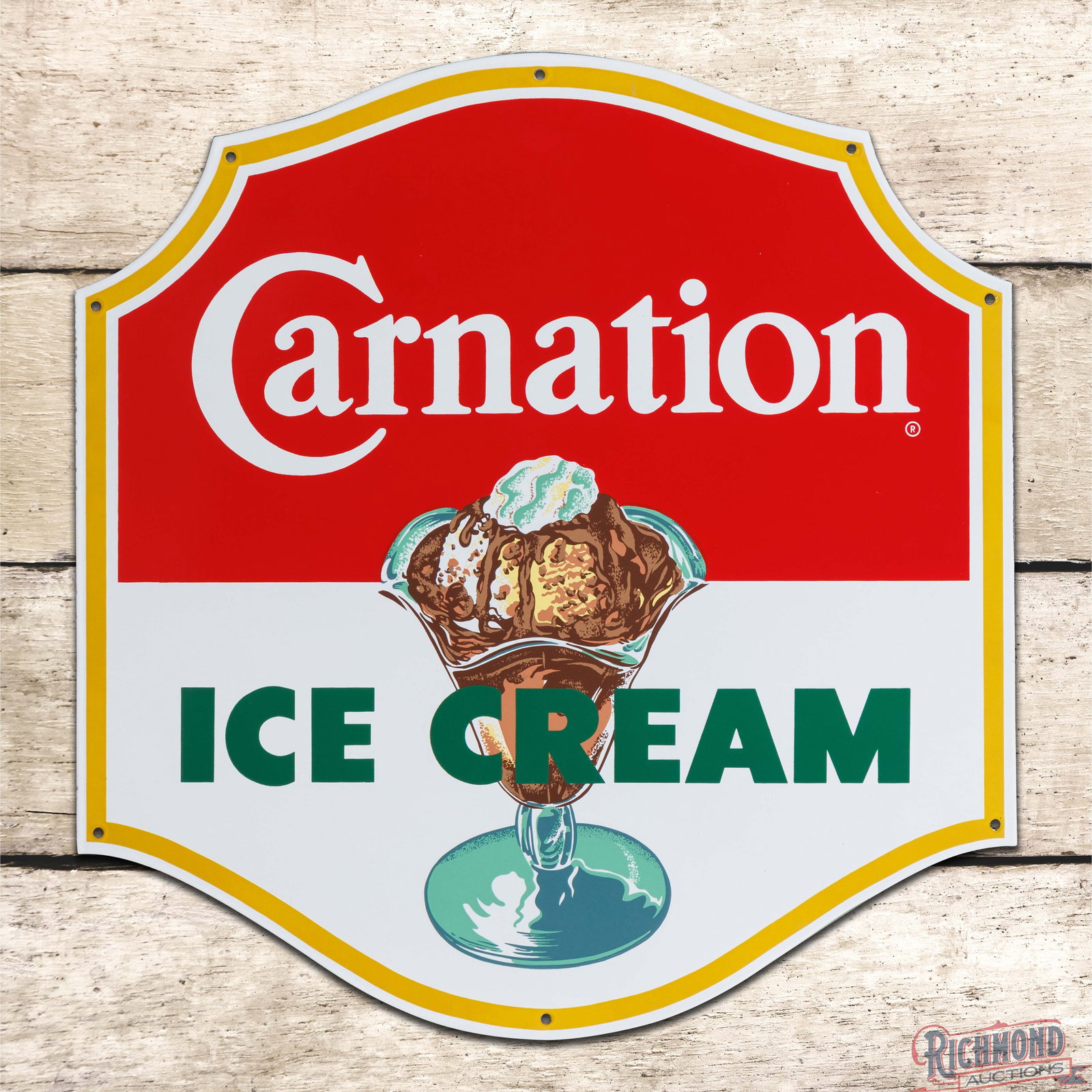 Carnation Ice Cream 23" Single Sided Porcelain Sign w/ Sundae (1 of 3)