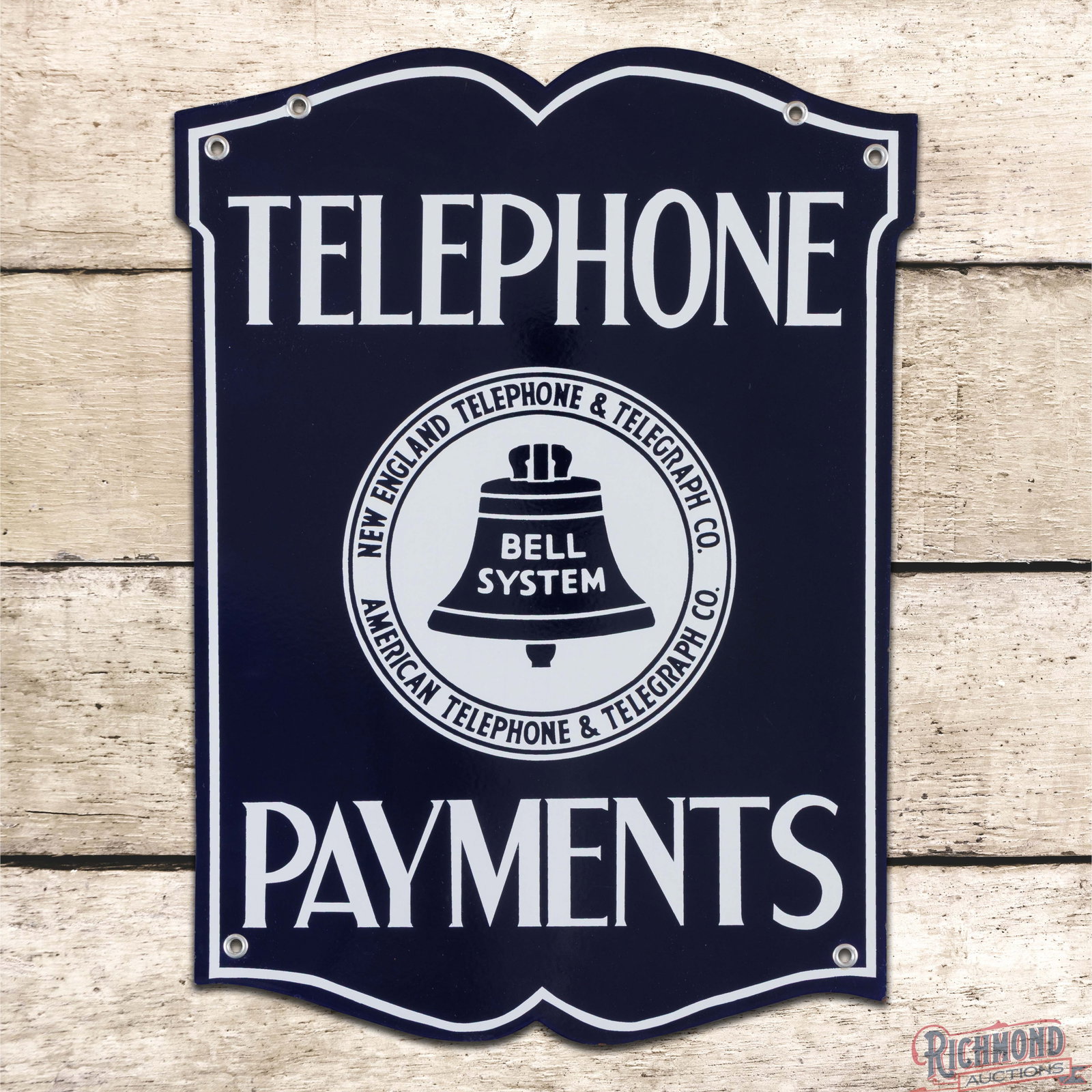 New England Telephone & Telegraph Co. Payments Double Sided Porcelain Sign w/ Bell System Logo: DSP (double sided porcelain) die cut sign has outstanding color and gloss. The display has a clean field with minor surface imperfections in the outer fields. The perimeter has a handful of tiny flea 