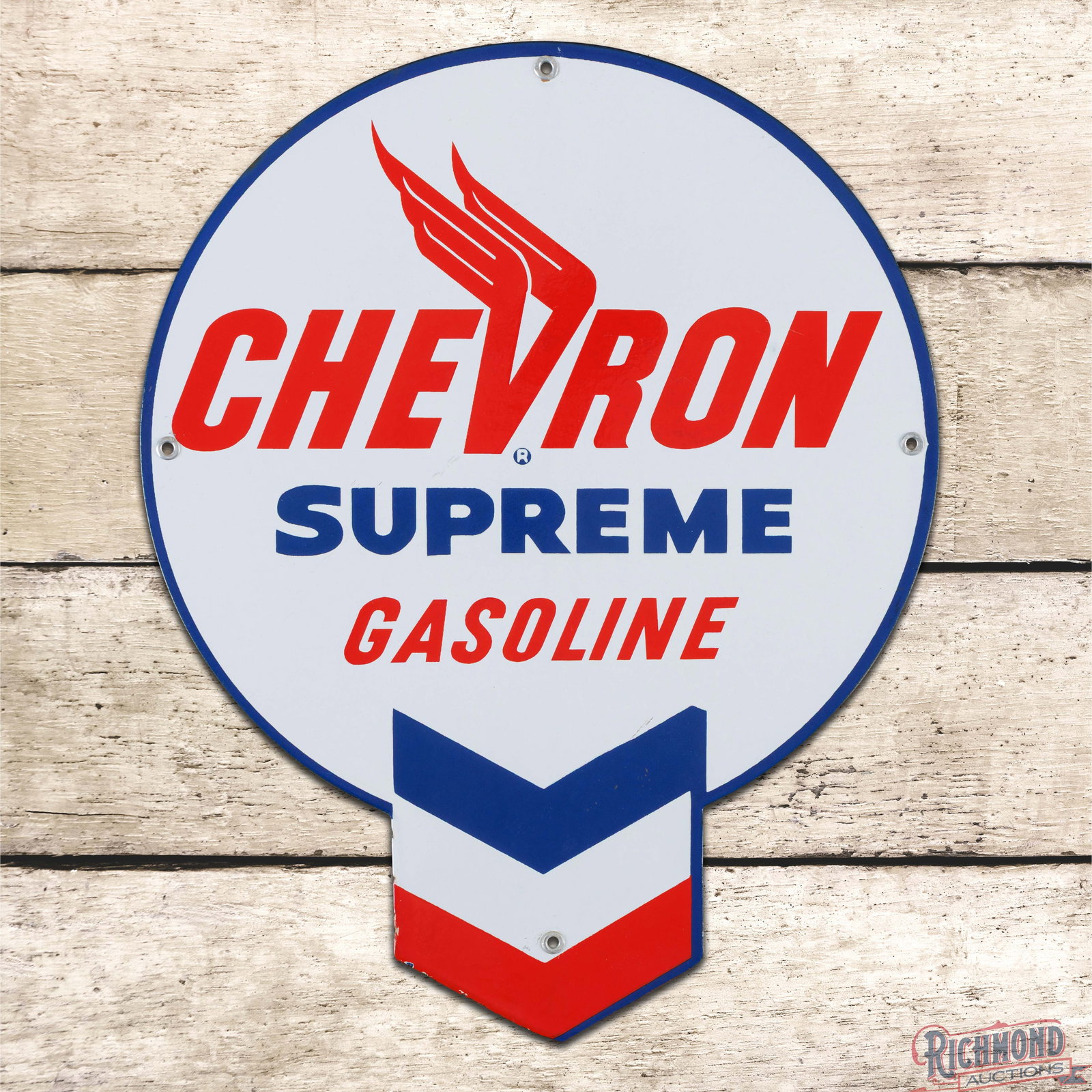 NOS Chevron Supreme Gasoline Single Sided Porcelain Pump Plate Sign w/ Hallmark: NOS (new old stock) SSP (single sided porcelain) sign with the factory paper has outstanding color and gloss. The fields are exceptionally clean with a few minor marks and small scuffs in the lower ri