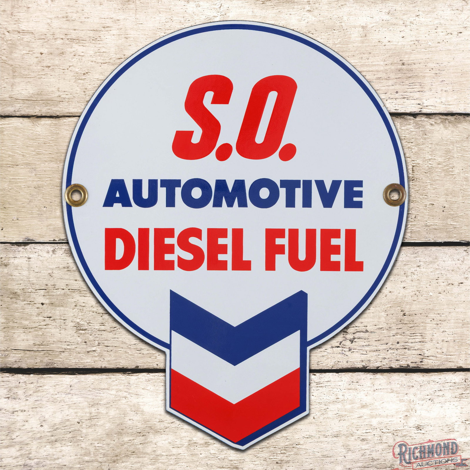 NOS S.O. Automotive Diesel Fuel Single Sided Porcelain Gas Pump Plate Sign w/ Hallmark: NOS (new old stock) SSP (single sided porcelain) sign with the factory paper has day one color and gloss. The sign features a clean field and perimeter with faint paper marks in the upper right outer 
