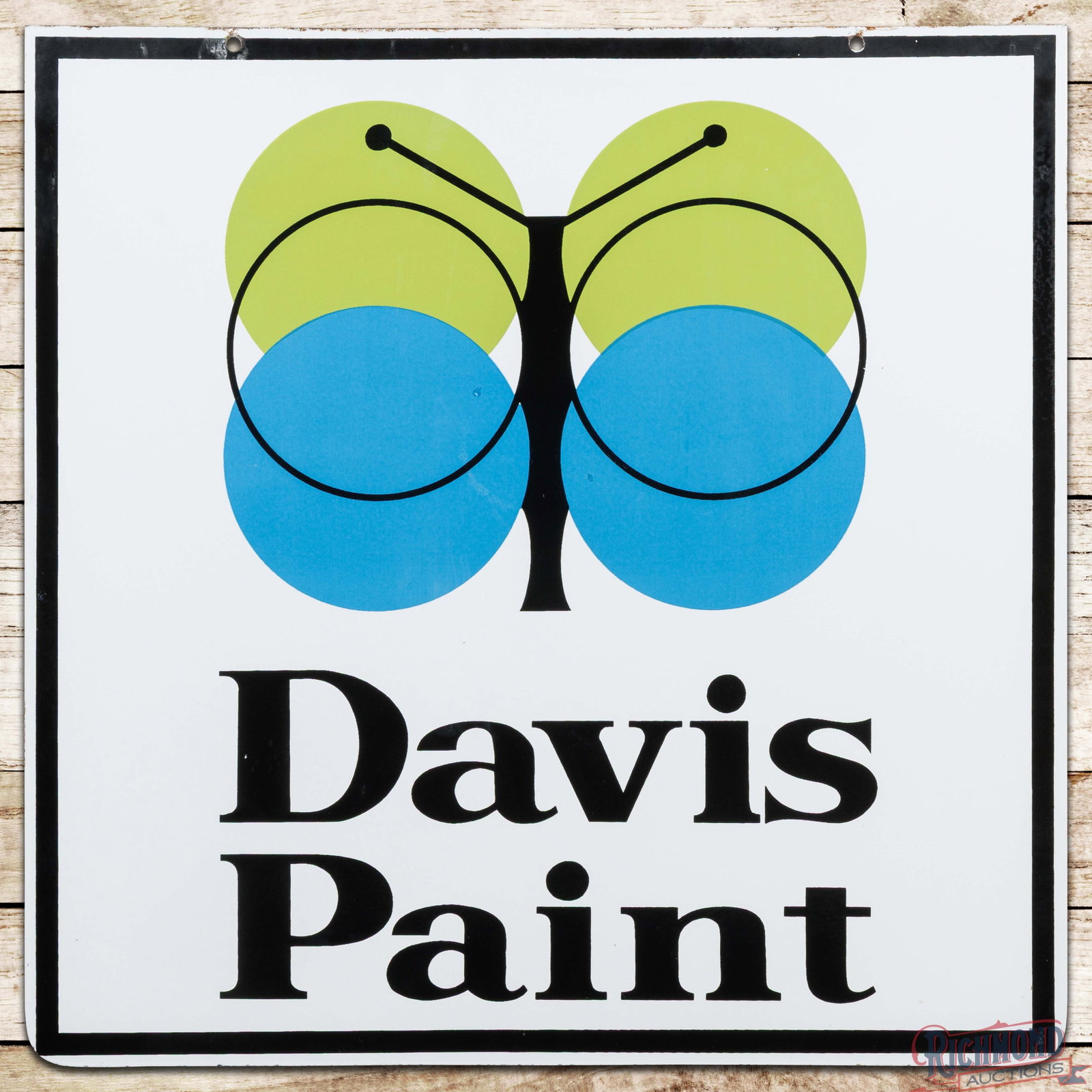 Davis Paint 30" Double Sided Porcelain Sign w/ Butterfly Logo: DSP (double sided porcelain) sign has excellent color and gloss. The display has small factory blemishes in the fields with other minor surface imperfections. The perimeter has light wear at the upper