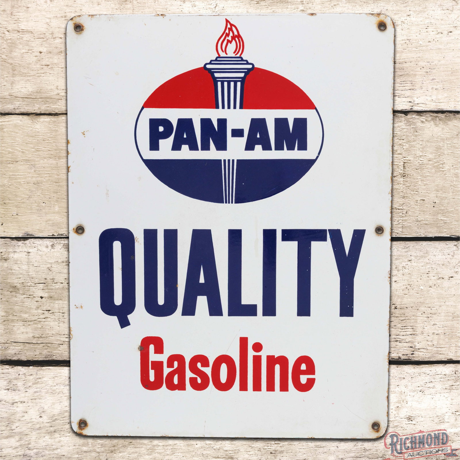 Pan-Am Quality Gasoline Single Sided Porcelain Pump Plate Sign w/ Logo (1 of 3)
