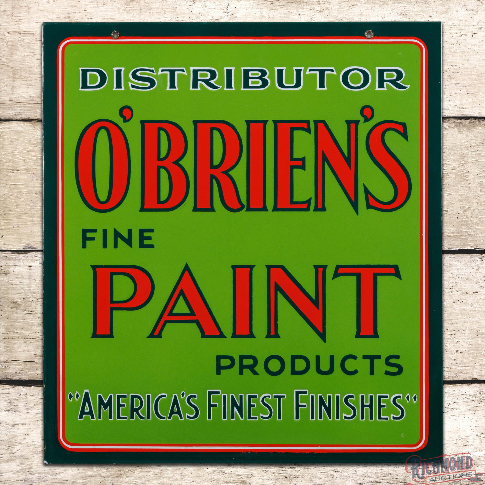 Distributor O'Brien's Fine Paint Products "America's Finest Finishes" Double Sided Porcelain Sign: DSP (double sided porcelain) sign has amazing color and gloss. The display is exceptionally clean with a few tiny fine scratches in the right outer field. The perimeter has a few tiny chips along the 