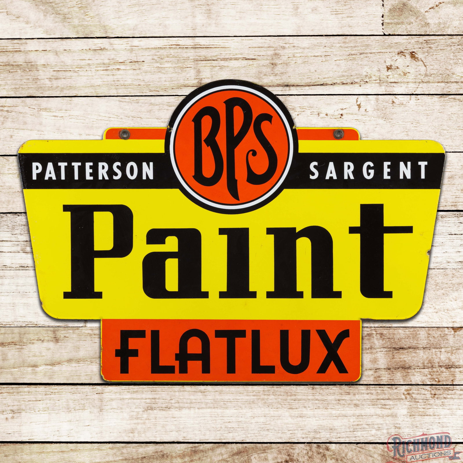 BPS Patterson Sargent Flatlux Paint Double Sided Porcelain Sign: DSP (double sided porcelain) sign has excellent color and gloss. The display is very clean overall with minor surface imperfections and a small bruise in the lower field. The perimeter has small chips