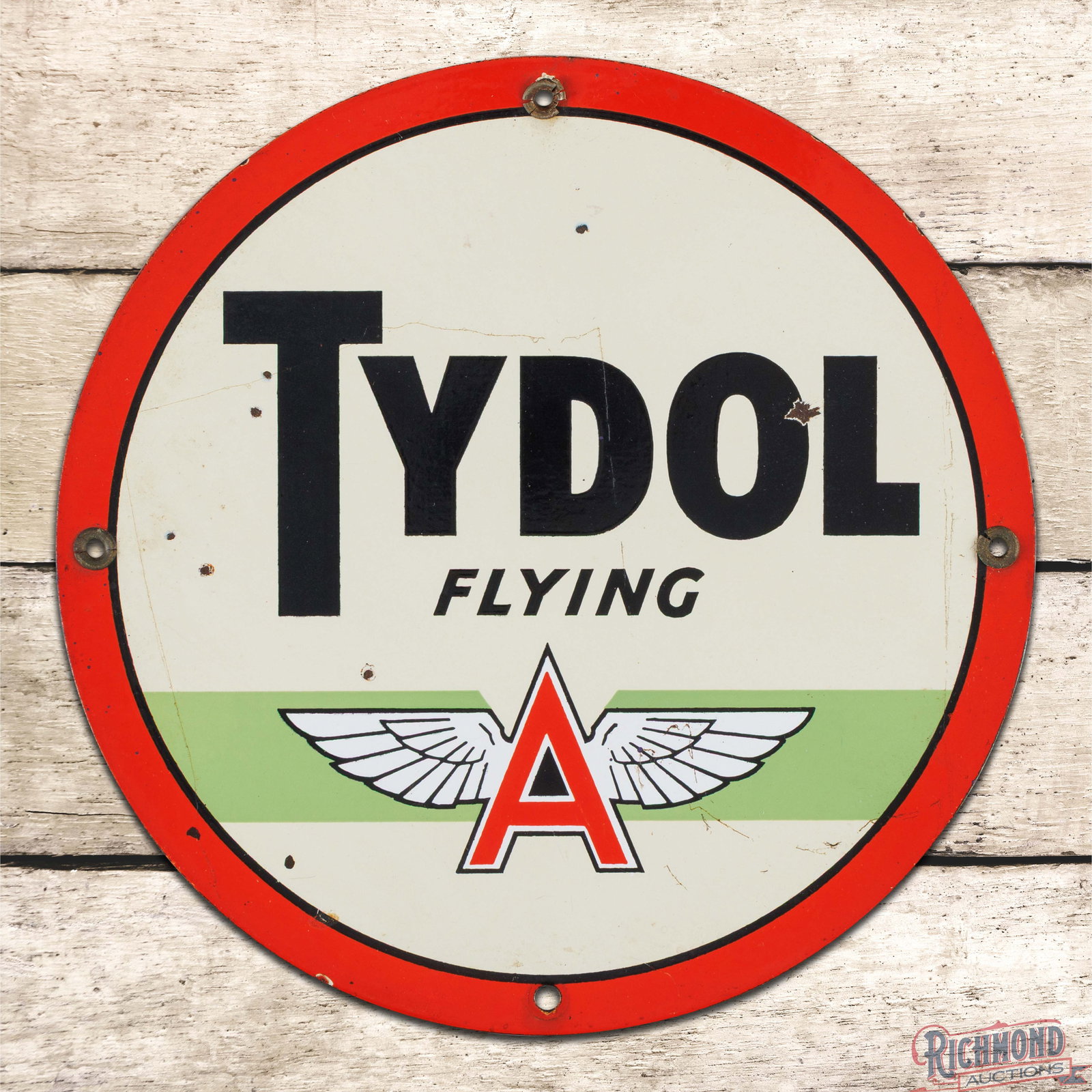Tydol Flying A Gasoline Single Sided Porcelain Pump Plate Sign w/ Logo: SSP (single sided porcelain) pump plate has excellent color and gloss. The field has small chips with fine scratches. The perimeter has a few tiny flea bites along the outer edges. Three factory gromm